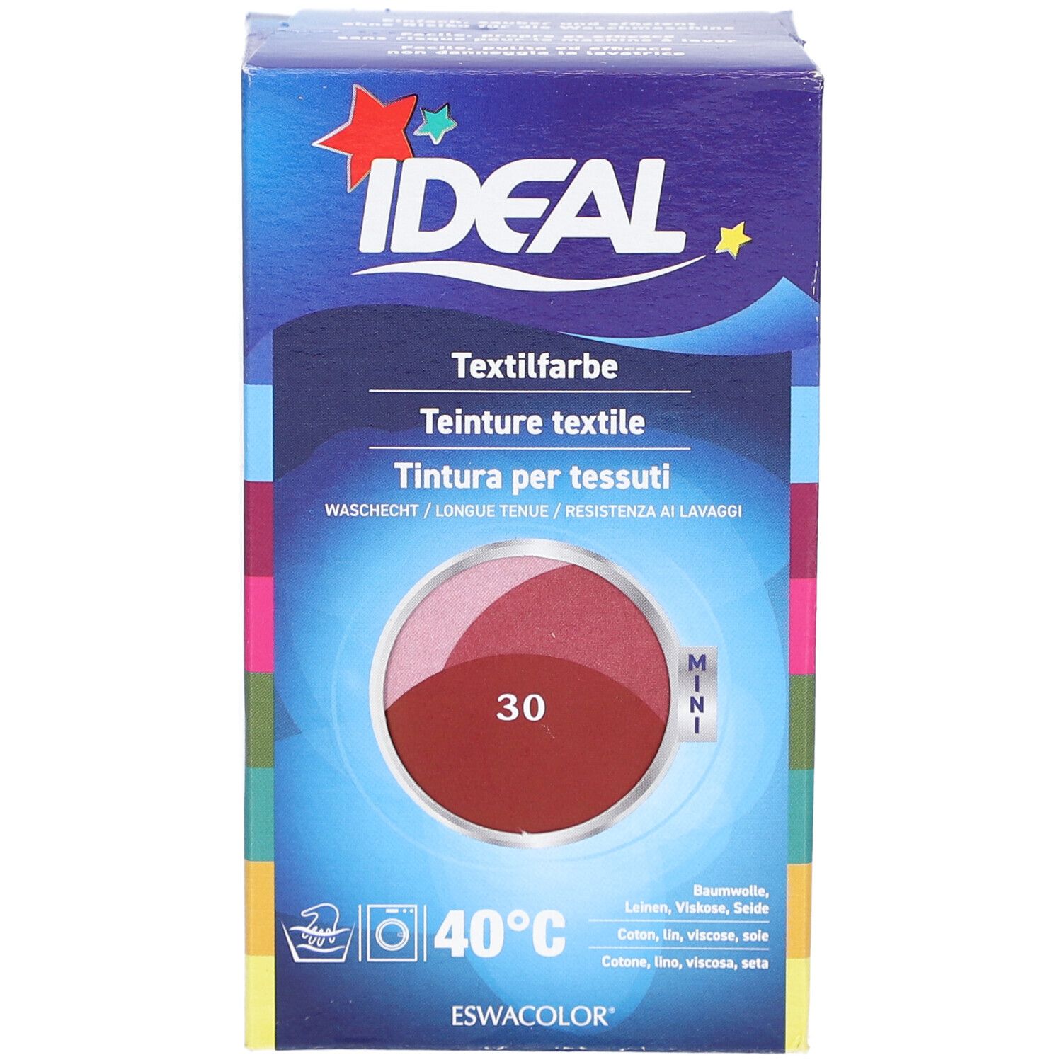 Teinture textile Ideal MINI, teinte 30 Cassis. Boîte avec illustration du produit. Lavable à 40°C. Pour coton, lin, viscose et soie.