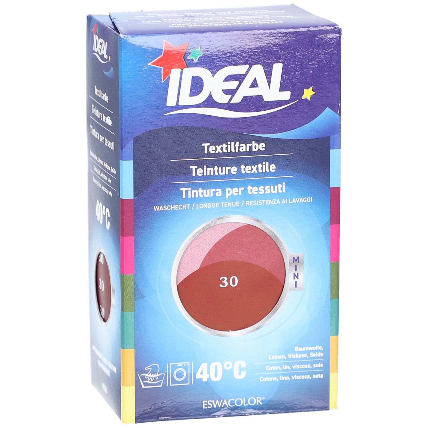 Teinture textile Ideal, teinte 30. Boîte avec illustration du produit. Lavable à 40°C. Pour coton, lin, viscose et soie.