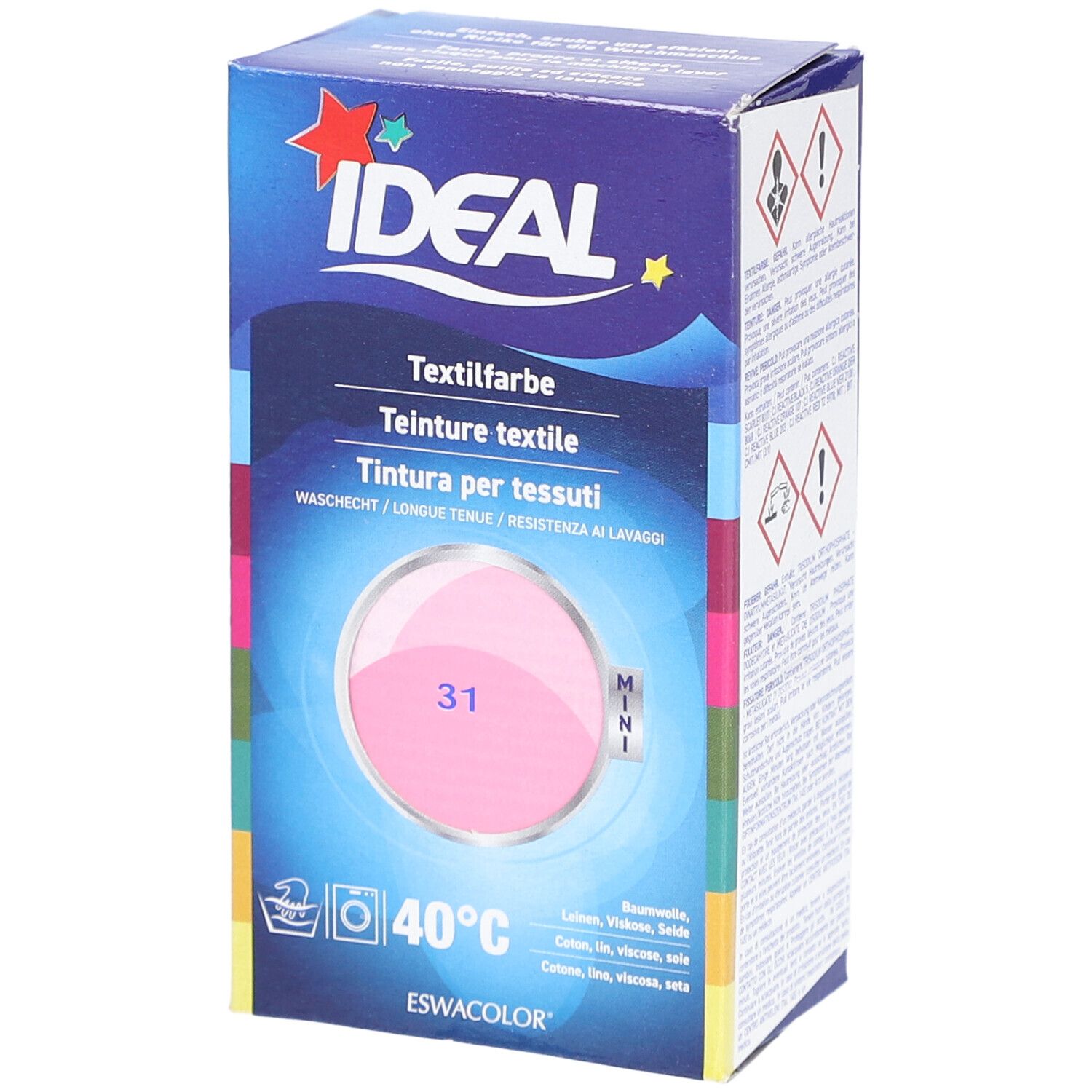 IDEAL Textielverf doos. Roze kleurstaal met nummer 31. Wassymbool en 40°C. Mini-versie.