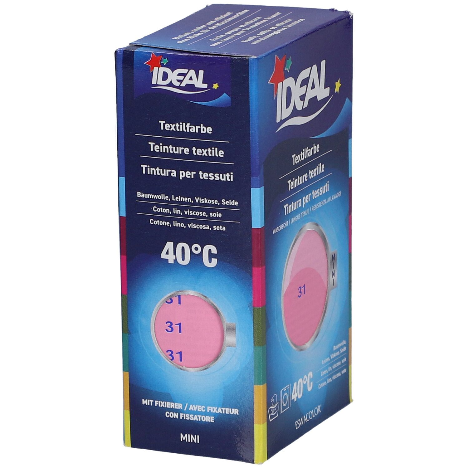 IDEAL Textielverf doos. Roze kleurstaal met nummer 31. Wasmachine symbool en 40°C. Mini-versie.