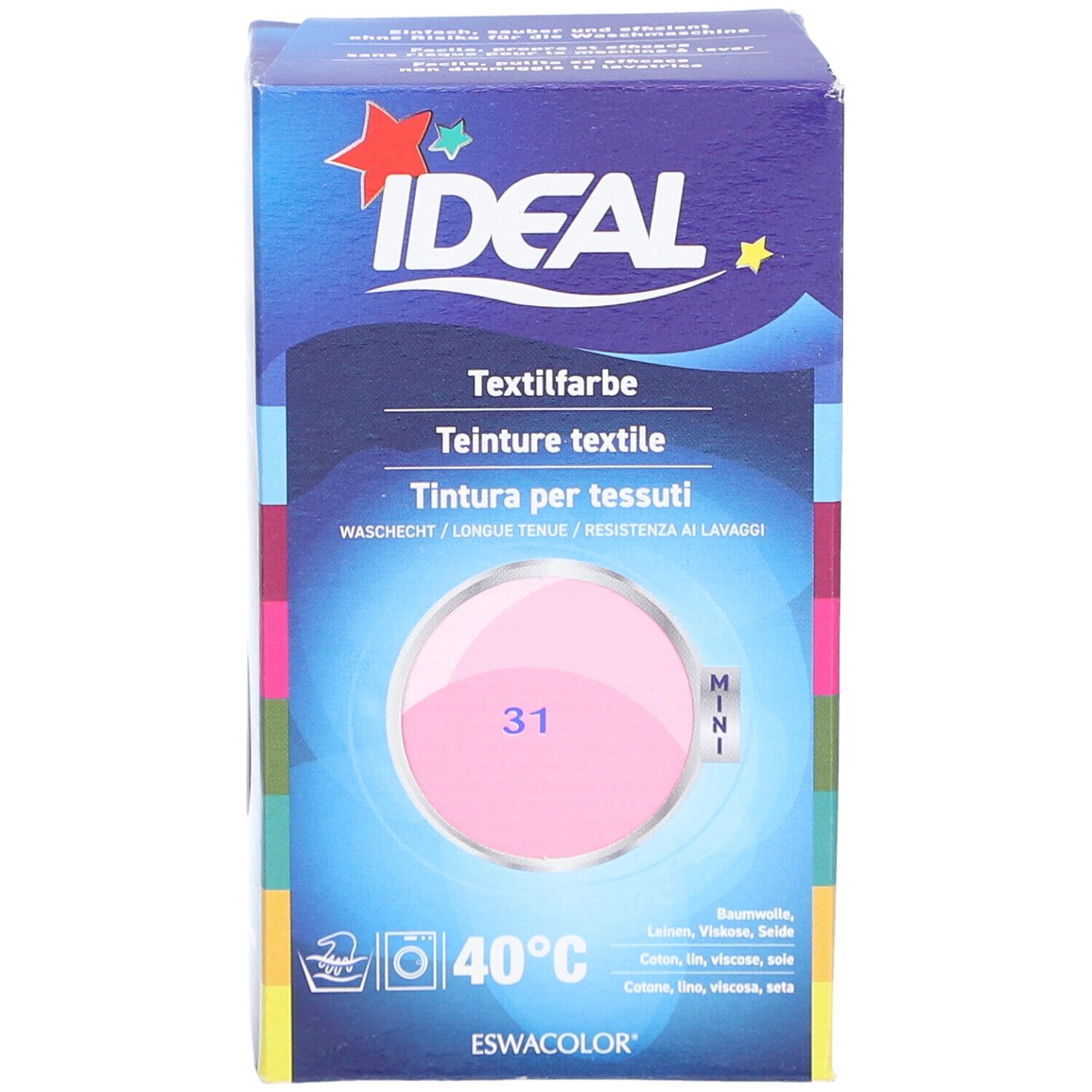 IDEAL Textielverf doos. Roze kleurstaal met nummer 31. Wasmachine symbool en 40°C. Mini-versie.