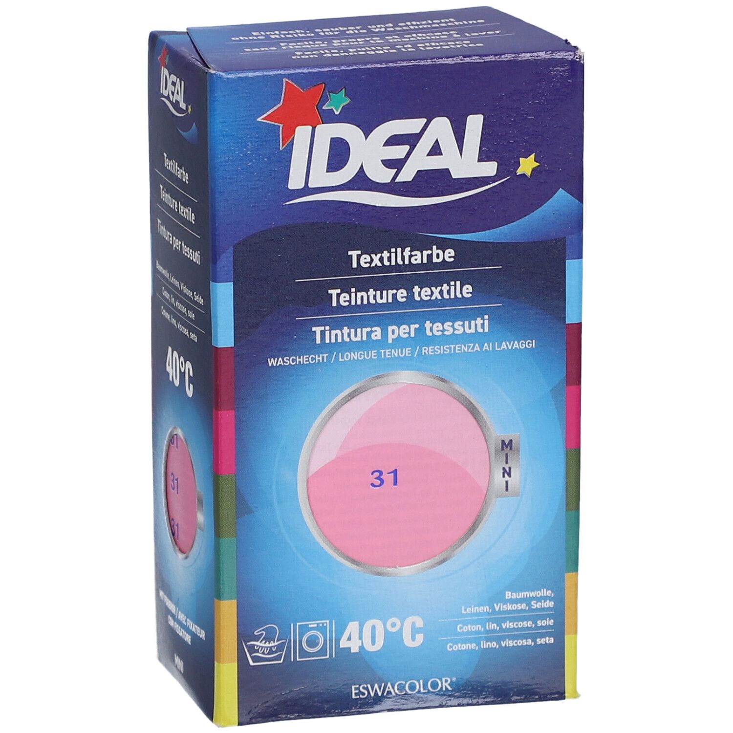 IDEAL Textielverf doos. Roze kleurstaal met nummer 31. Wasmachine symbool en 40°C. Mini-versie.