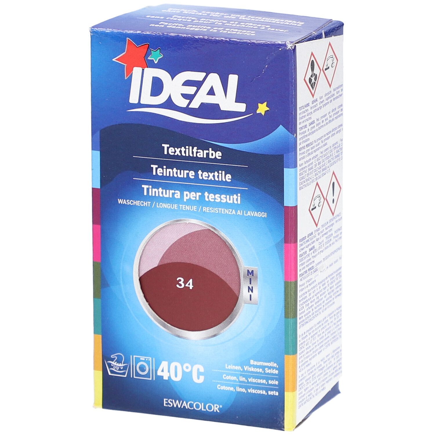 IDEAL Mini textielverf, 34 Bordeaux. Verpakking met productafbeelding. Wassen 40°C. Merk IDEAL.