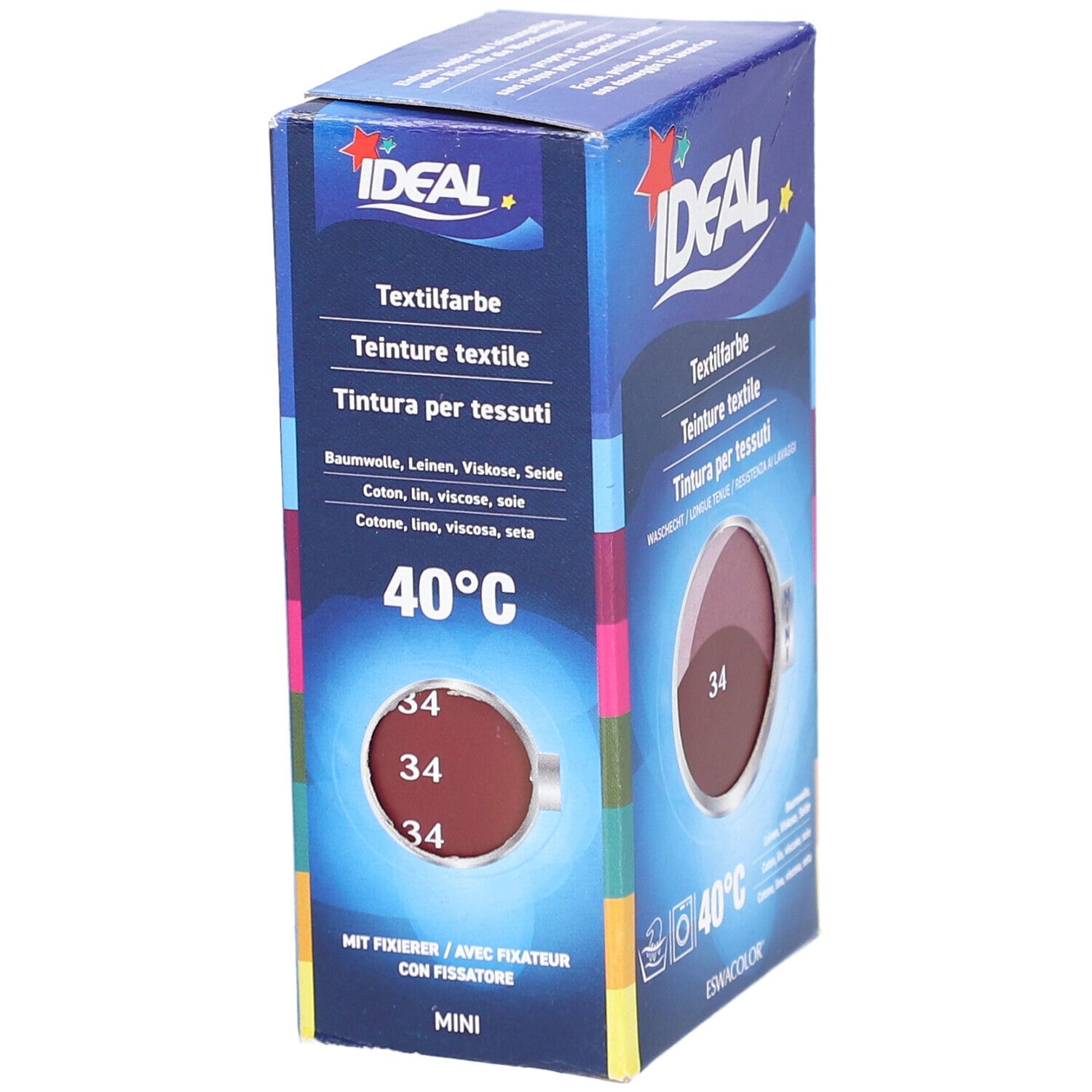 IDEAL Mini textielverf, 34 Bordeaux. Verpakking met productafbeelding. Wassen 40°C. Merk IDEAL.