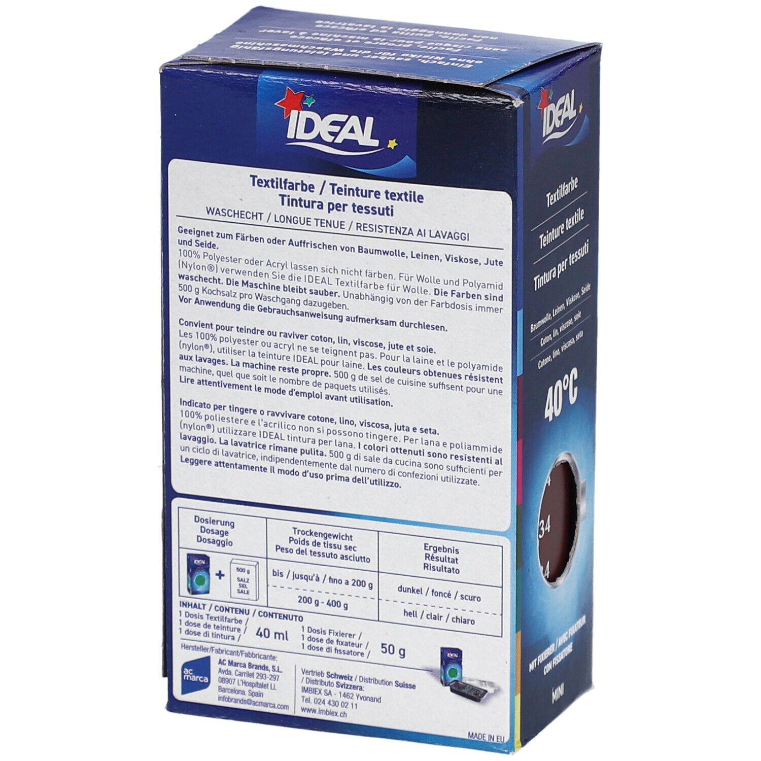 IDEAL Mini textielverf, 34 Bordeaux. Achterkant verpakking. Wasvoorschrift, dosering, ingrediënten. Merk IDEAL.