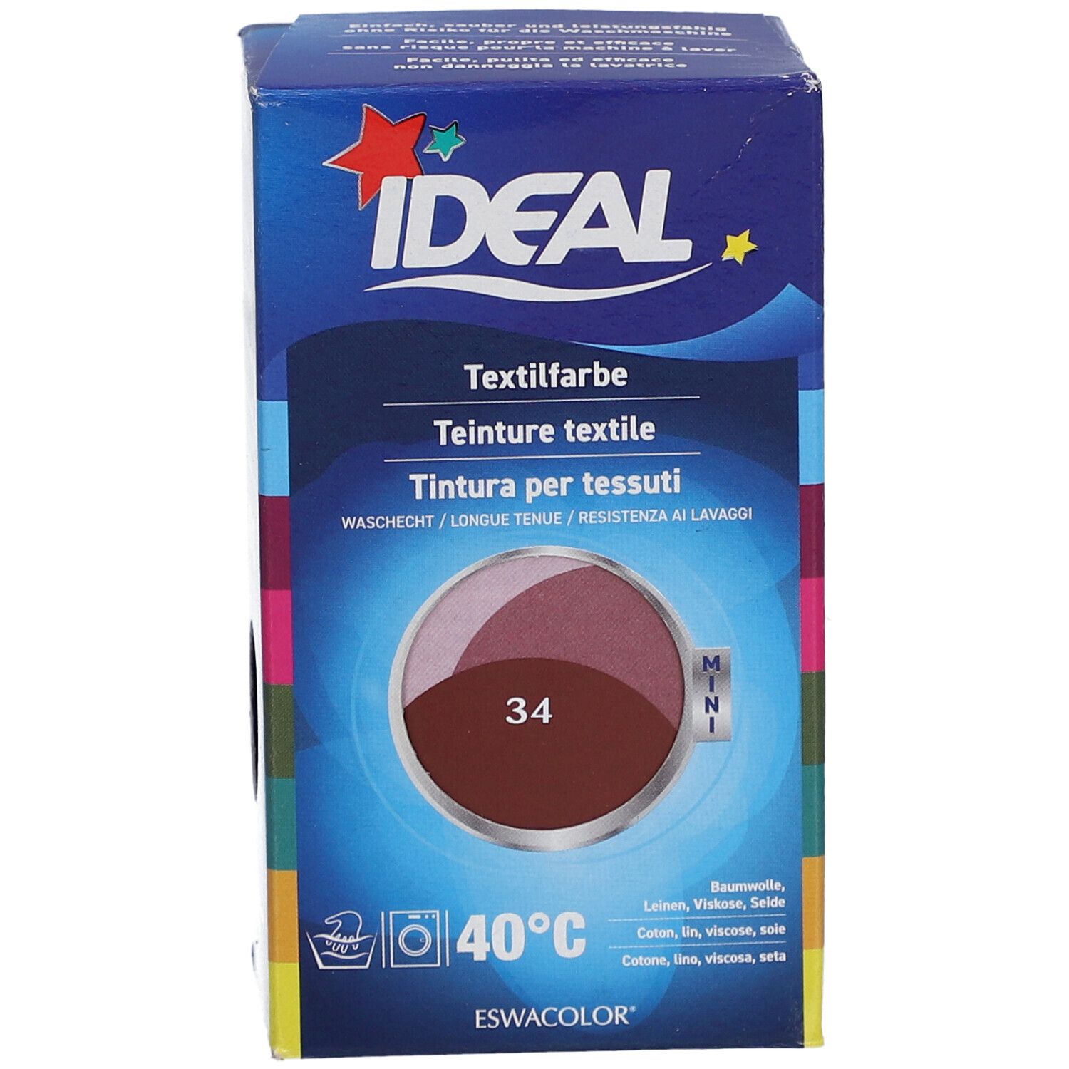 IDEAL Mini textielverf, 34 Bordeaux. Verpakking met productafbeelding. Wassen 40°C. Merk IDEAL.