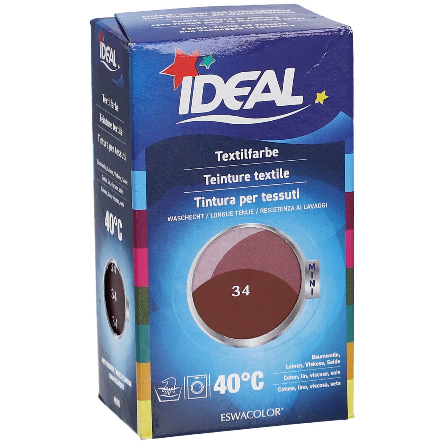 IDEAL Mini textielverf, 34 Bordeaux. Verpakking met productafbeelding. Wassen 40°C. Merk IDEAL.