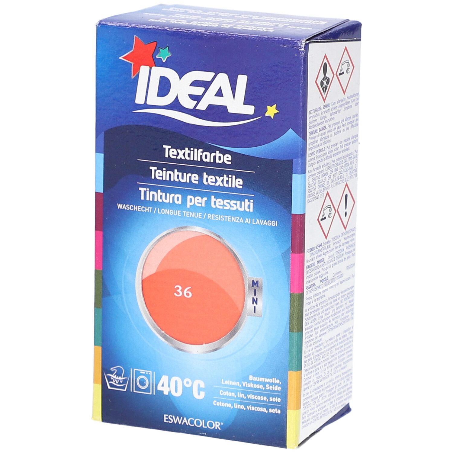 Ideal MINI Teinture textile No36 Corail. Boîte avec illustration du produit. Instructions de lavage 40°C. Logo Ideal et nom du produit.