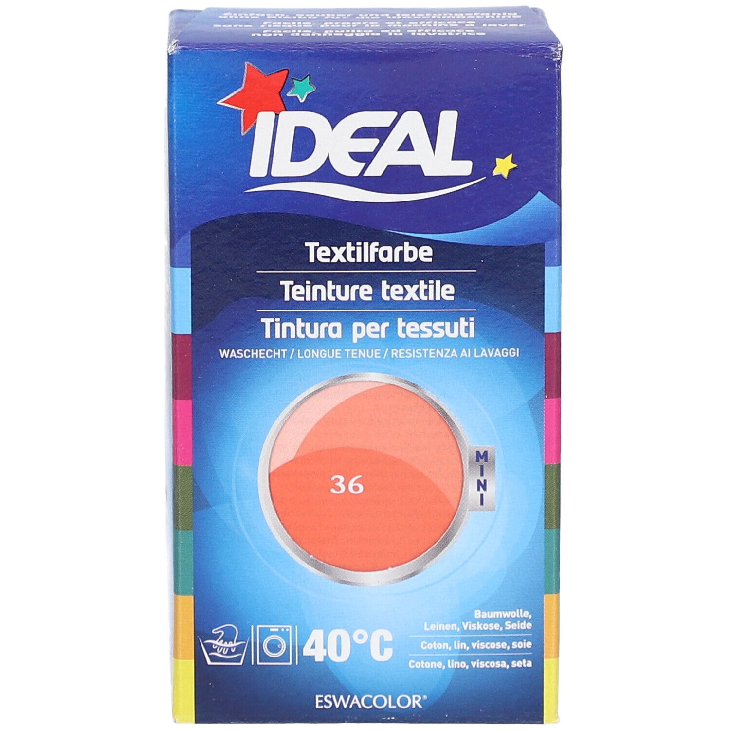 Ideal MINI Teinture textile No36 Corail. Boîte avec illustration du produit. Instructions de lavage 40°C. Logo Ideal et nom du produit.