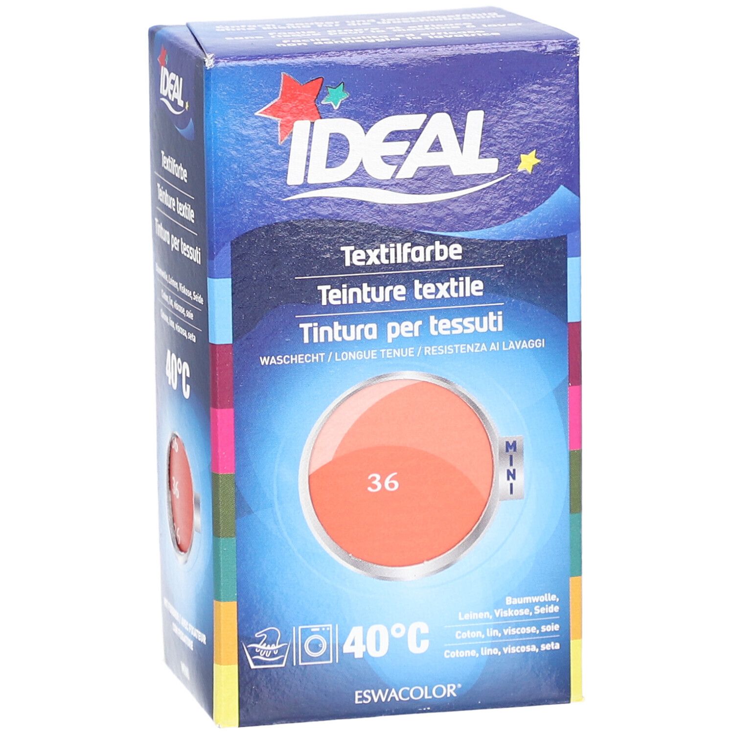Ideal MINI Teinture textile No36 Corail. Boîte en biais. Instructions de lavage 40°C. Logo Ideal et nom du produit. Illustration du produit.