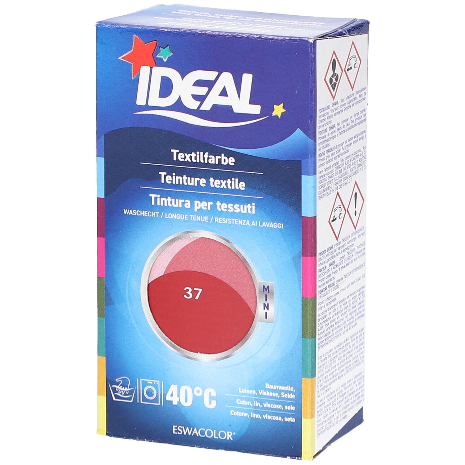 Boîte de teinture textile IDEAL, teinte 37 Hermesrot, format Mini. Lavable à 40°C. Contient de la teinture textile.