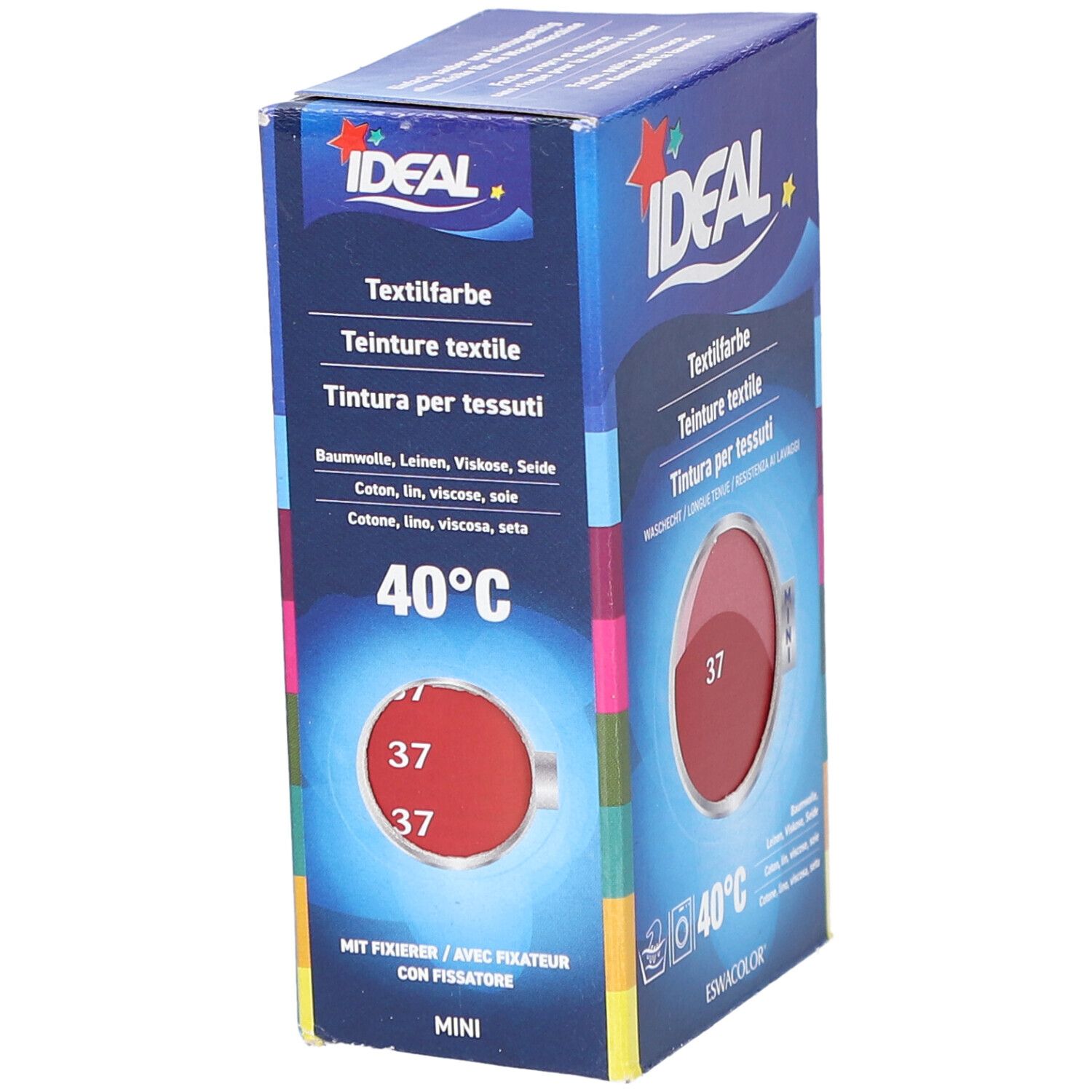 Boîte de teinture textile IDEAL, teinte 37 Hermesrot, format Mini. Lavable à 40°C. Avec fixateur.