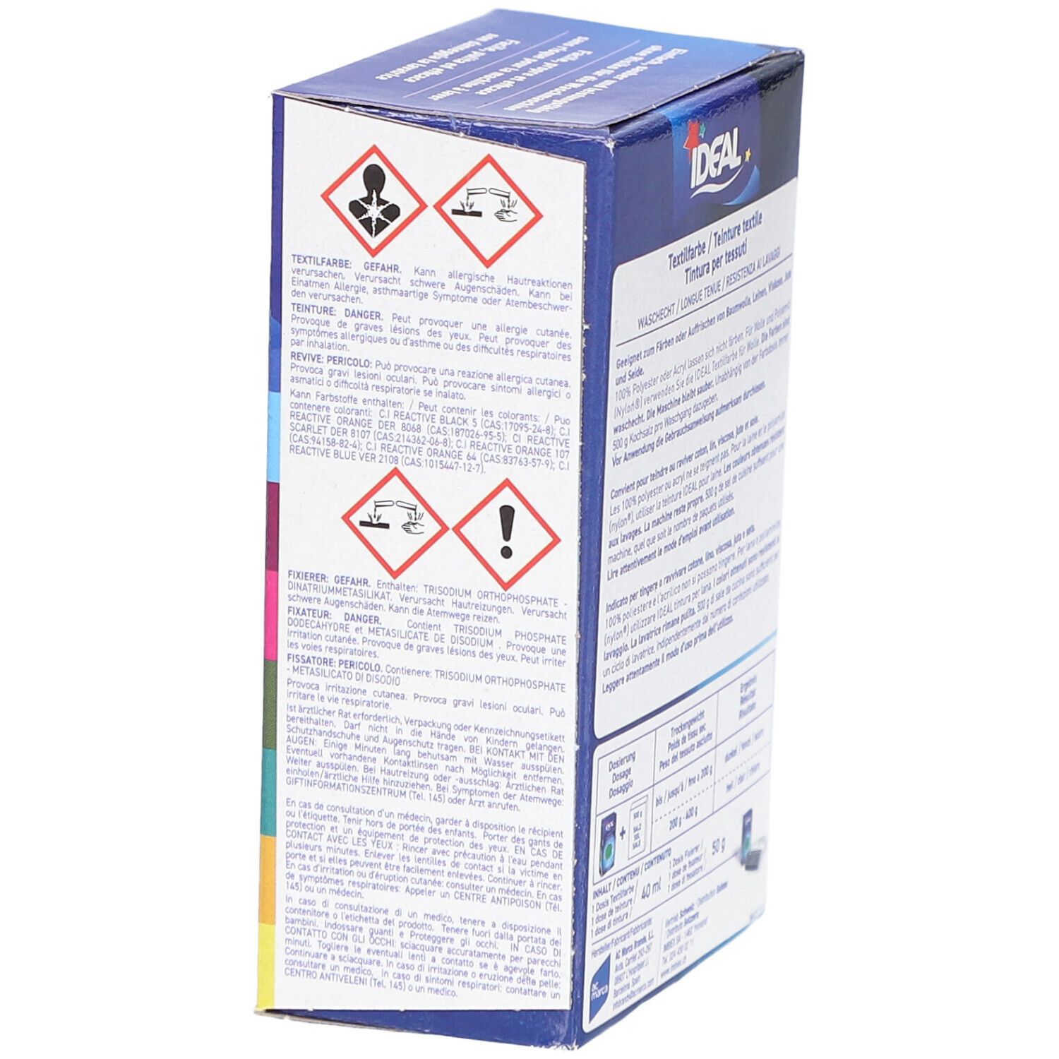 Côté de l'emballage de teinture textile avec avertissements. Contient des pictogrammes de danger et de précaution. Marque IDEAL.