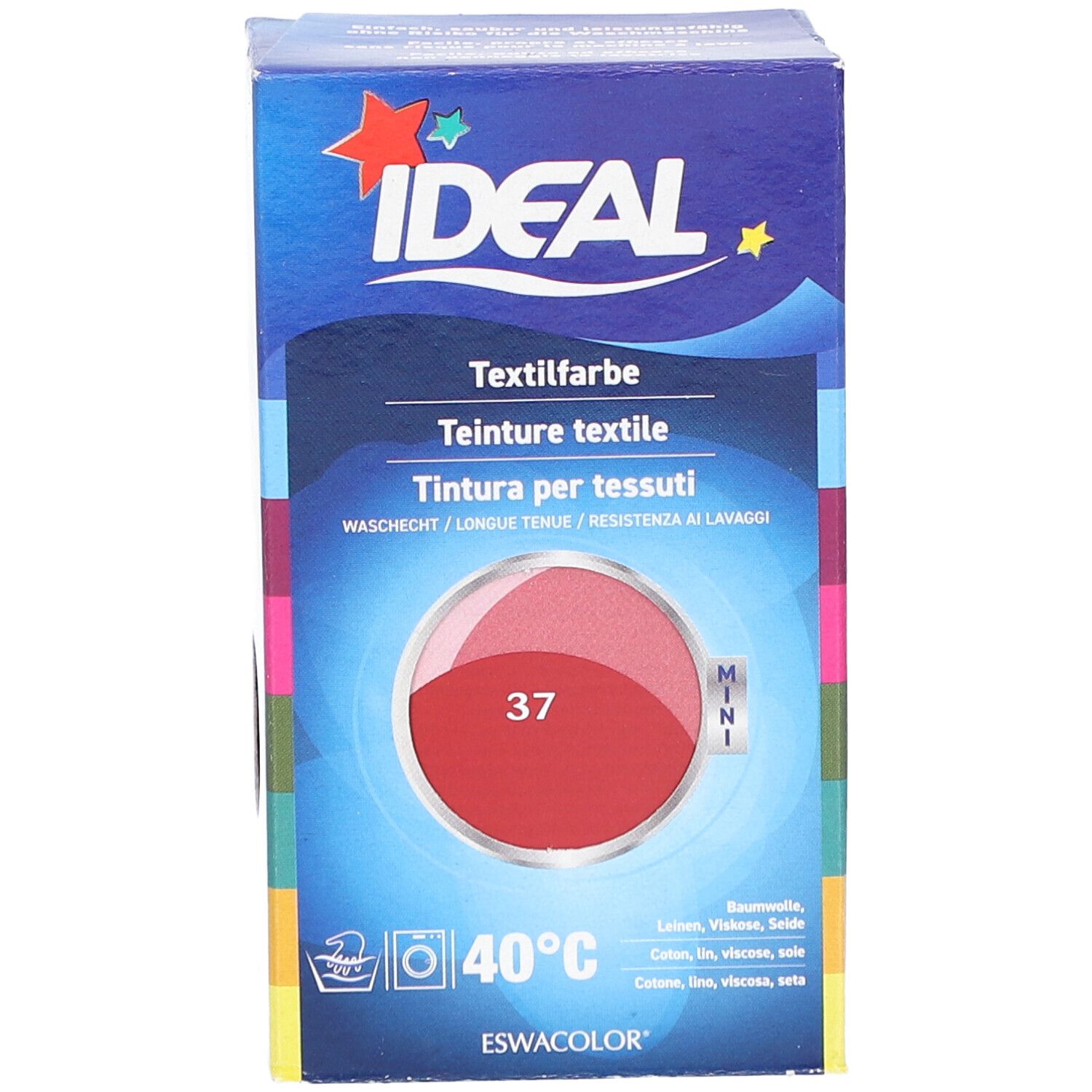 Boîte de teinture textile IDEAL, teinte 37 Hermesrot, format Mini. Lavable à 40°C. Contient de la teinture textile.