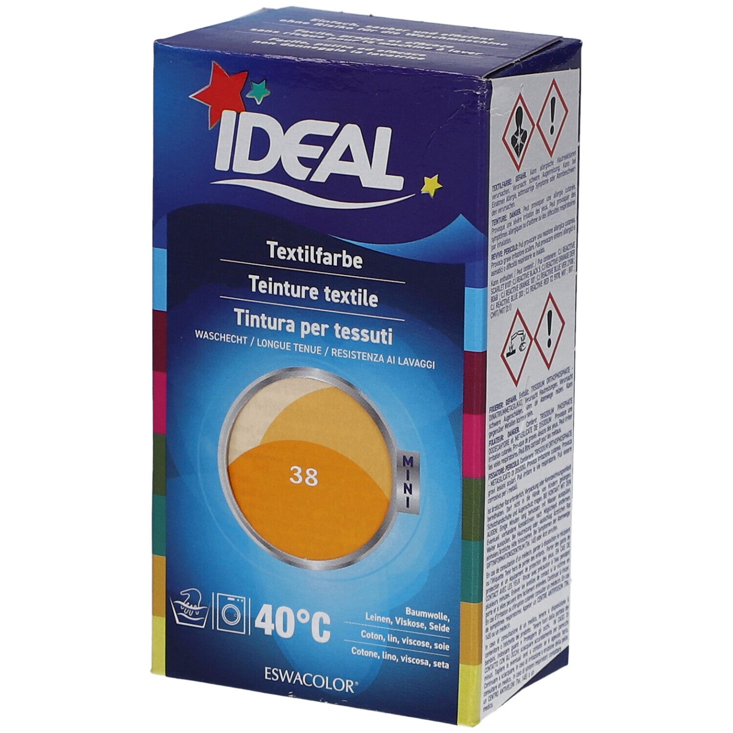 Boîte de teinture textile IDEAL, 40°C. Teinte 38 Mandarine. Pour coton, lin, viscose et soie. Inscription: Textilfarbe, Teinture textile.