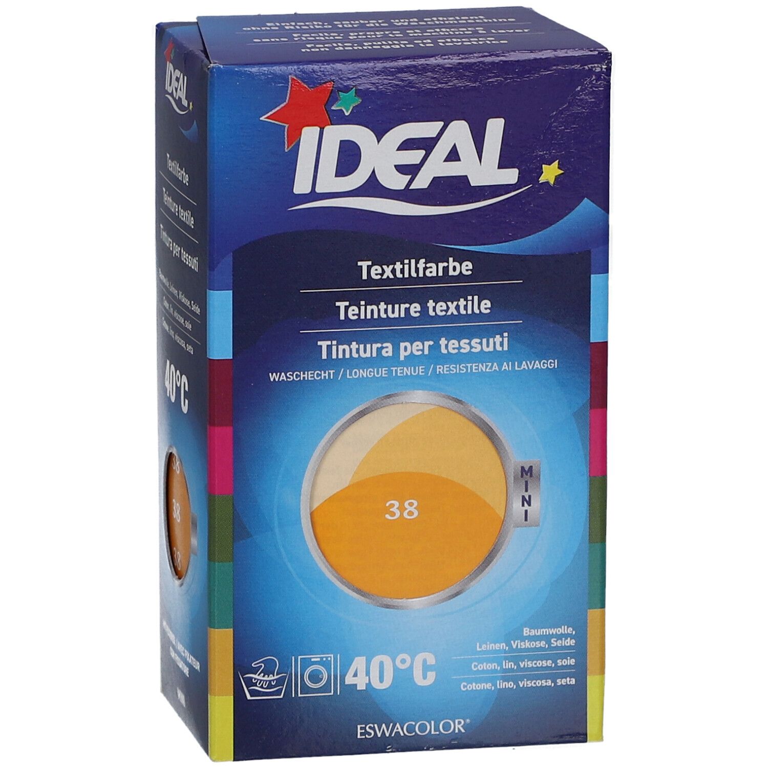 Boîte de teinture textile IDEAL, 40°C. Teinte 38. Pour coton, lin, viscose et soie. Inscription: Textilfarbe, Teinture textile.