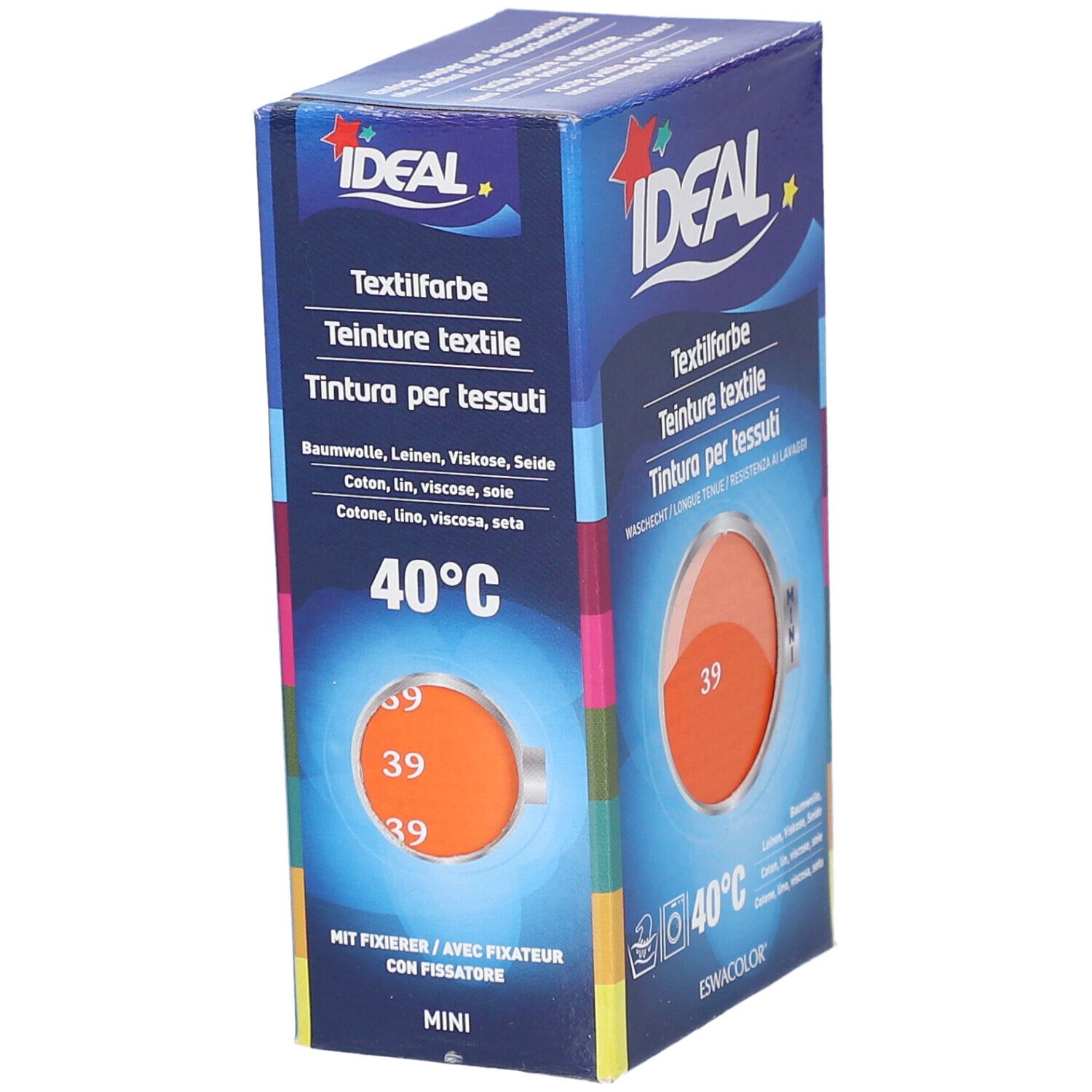 Boîte de teinture textile IDEAL. Cercle orange avec le numéro 39. Lavable à 40°C. Pour coton, lin, viscose et soie.