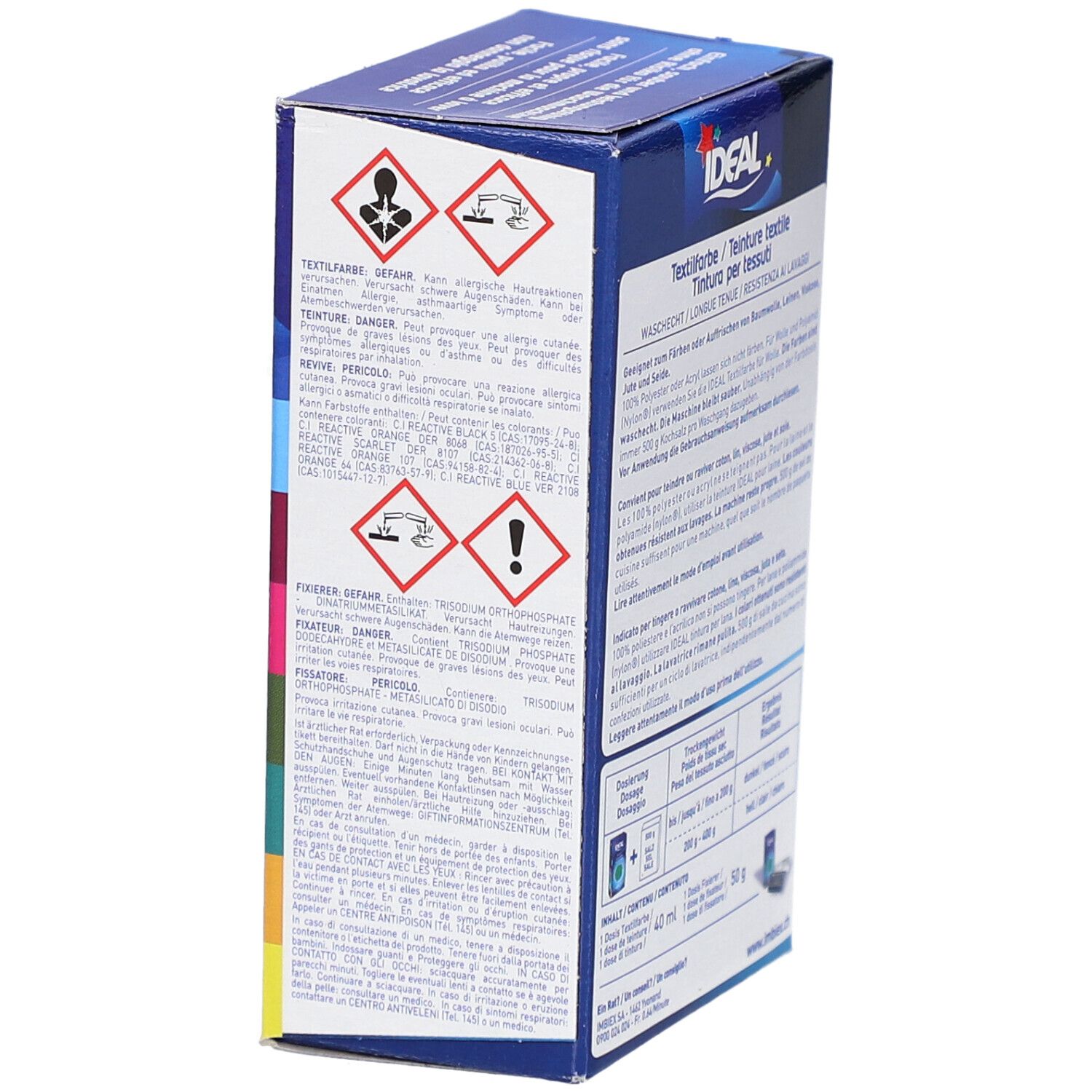 Côté de la boîte de teinture textile IDEAL. Avertissements et pictogrammes. Lavable à 40°C. Pour coton, lin, viscose et soie.