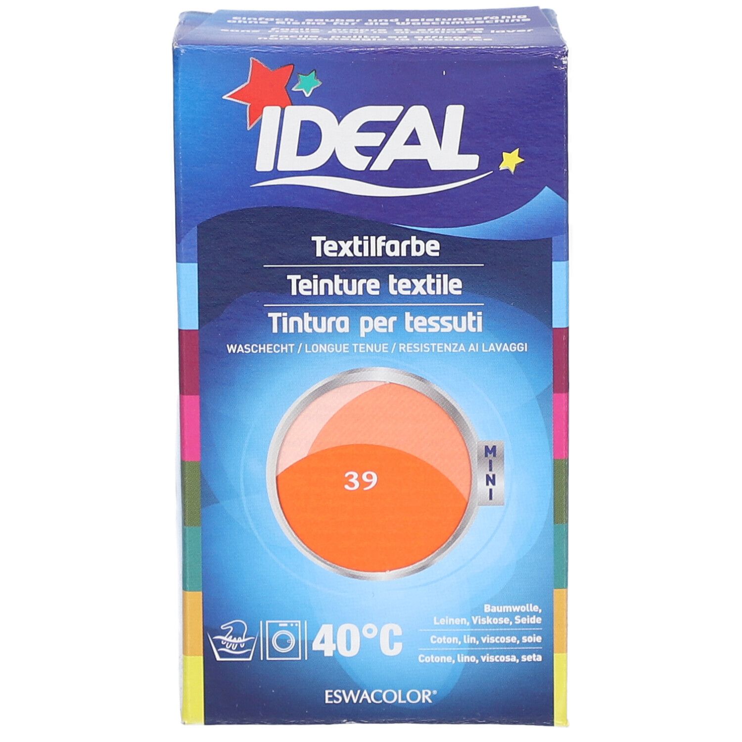 Boîte de teinture textile IDEAL. Cercle orange avec le numéro 39. Lavable à 40°C. Pour coton, lin, viscose et soie.
