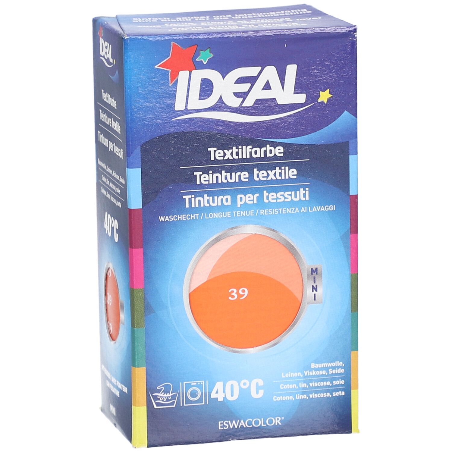 Boîte de teinture textile IDEAL. Cercle orange avec le numéro 39. Lavable à 40°C. Pour coton, lin, viscose et soie.