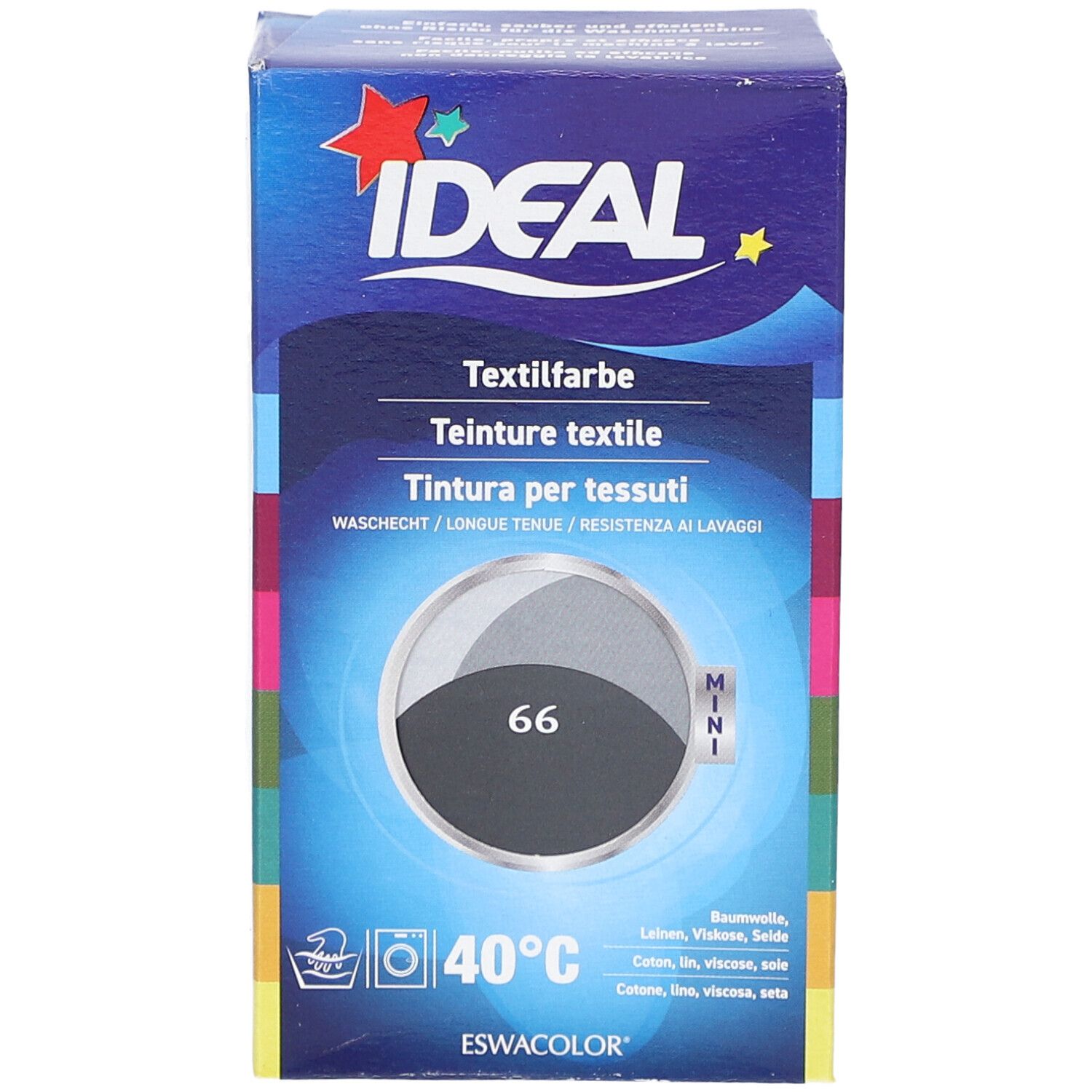 Ideal MINI Teinture textile No66 gris anthracite. Boîte avec informations produit. Symbole de lavage et température 40°C.