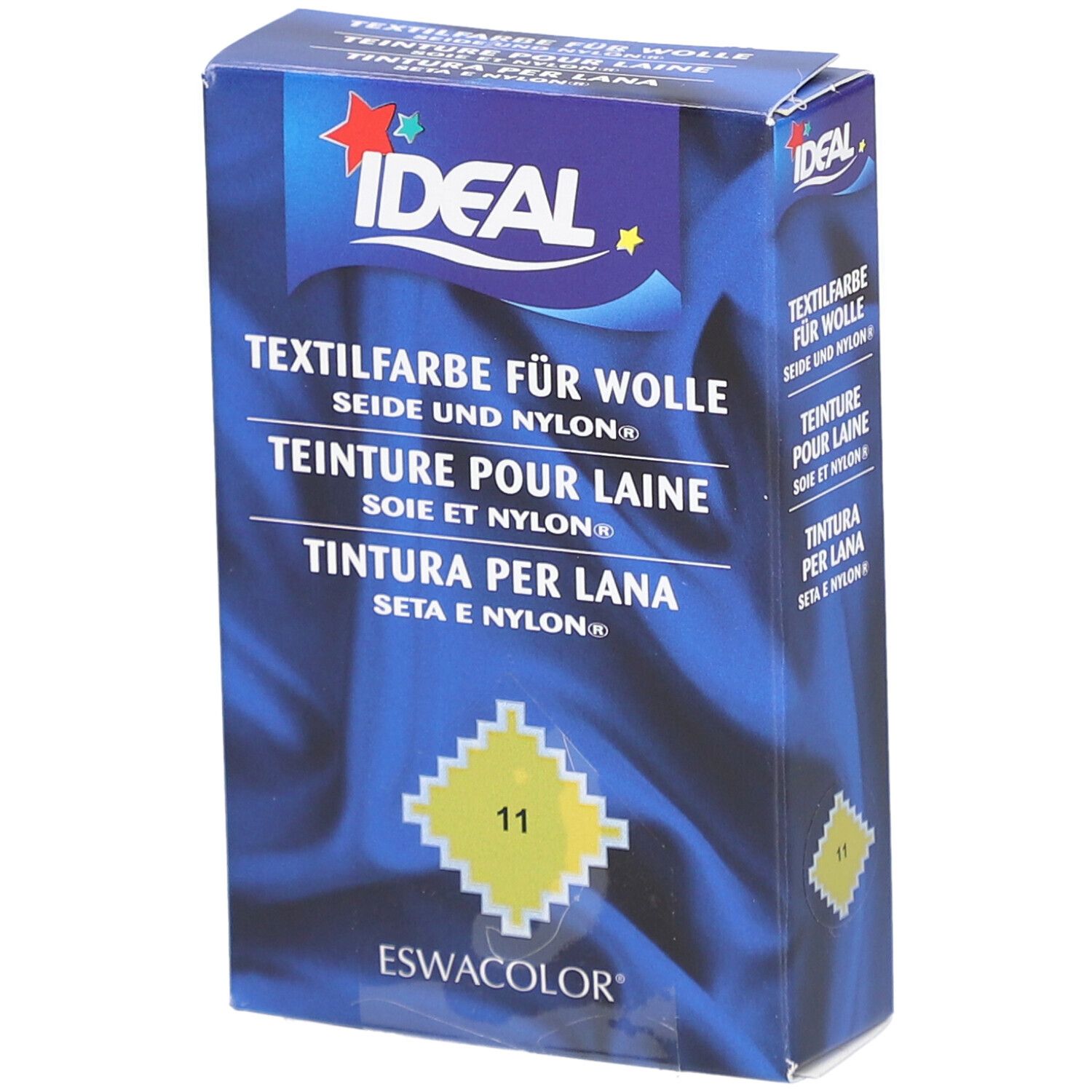 Teinture IDEAL pour laine, soie et nylon. Jaune 11. Emballage bleu avec logo.