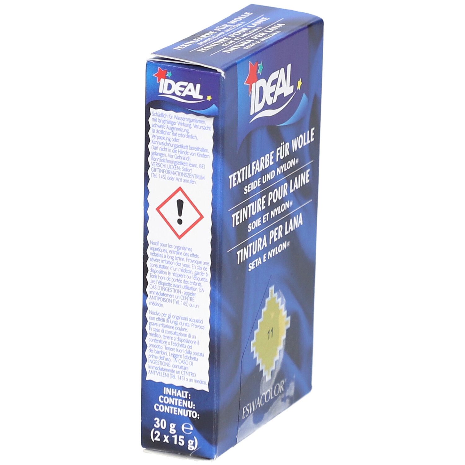 Teinture IDEAL pour laine, soie et nylon. Jaune 11. Emballage bleu, vue latérale.