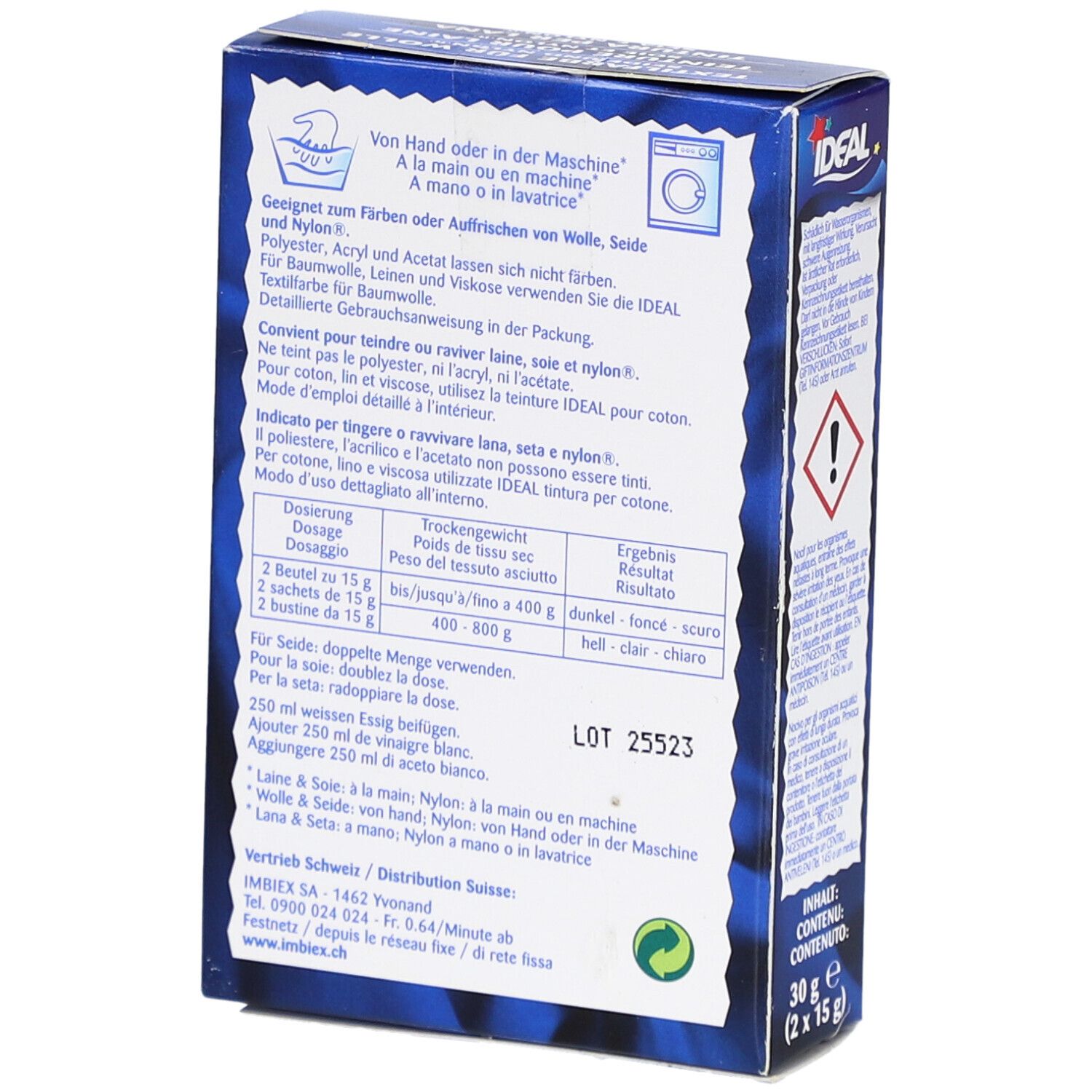 Dos de l'emballage de teinture IDEAL. Instructions de dosage et avertissements.