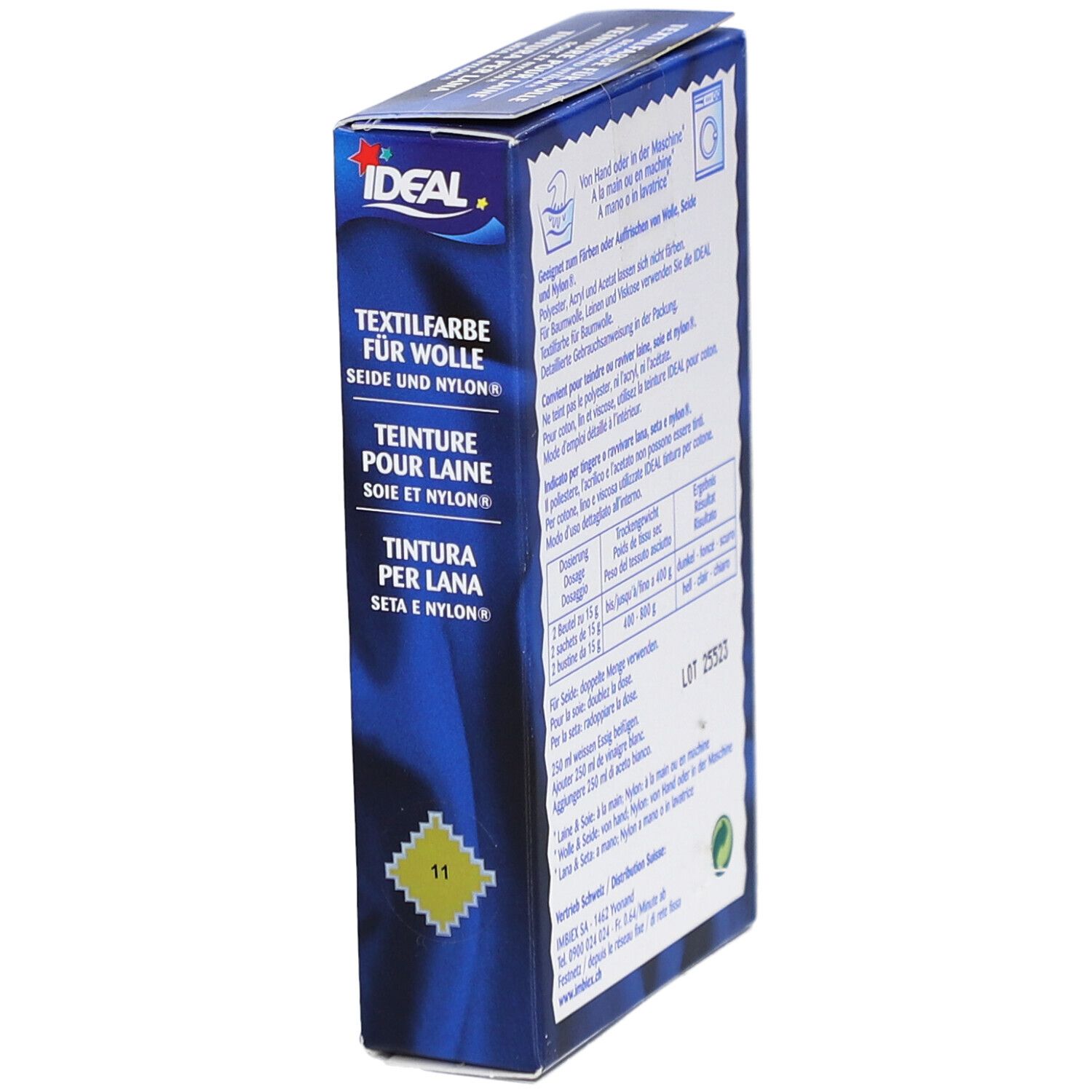 Teinture IDEAL pour laine, soie et nylon. Jaune 11. Emballage bleu, vue latérale.
