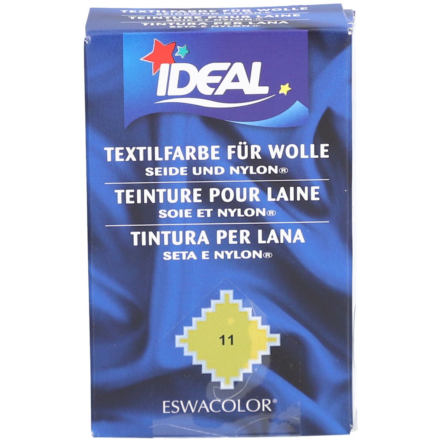 Teinture IDEAL pour laine, soie et nylon. Jaune 11. Emballage bleu avec logo.