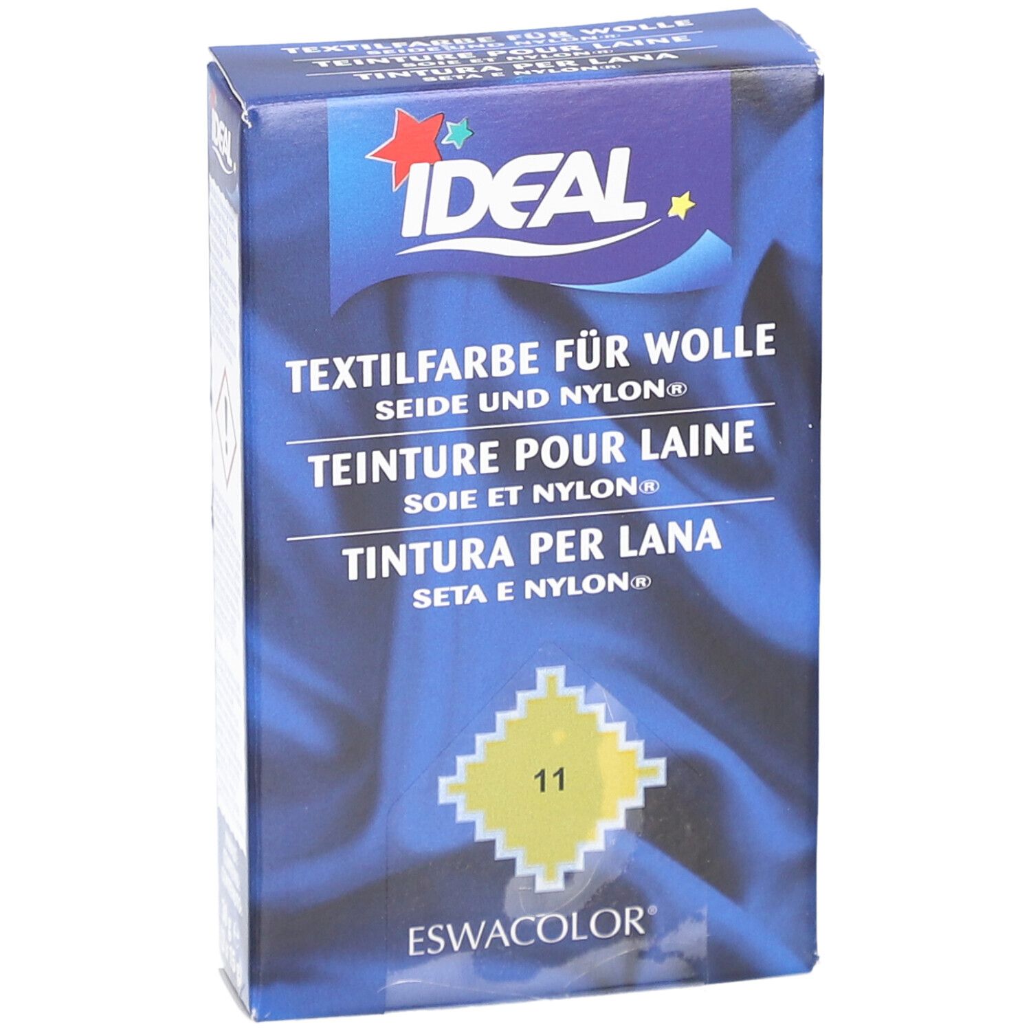 Teinture IDEAL pour laine, soie et nylon. Jaune 11. Emballage bleu avec logo.