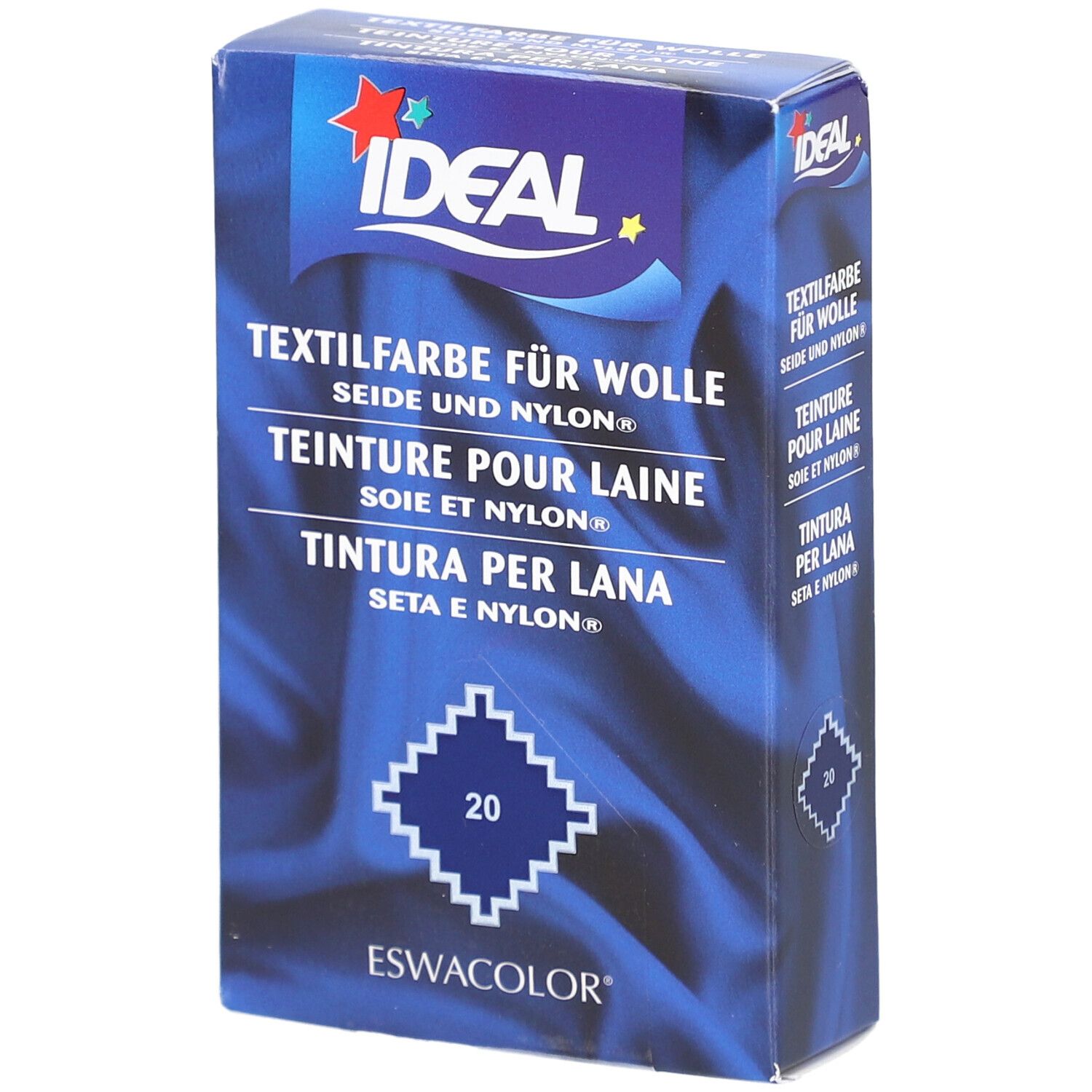 Boîte bleue et blanche. Teinture pour laine, soie et nylon. Marque IDEAL. Nom du produit et logo visibles.