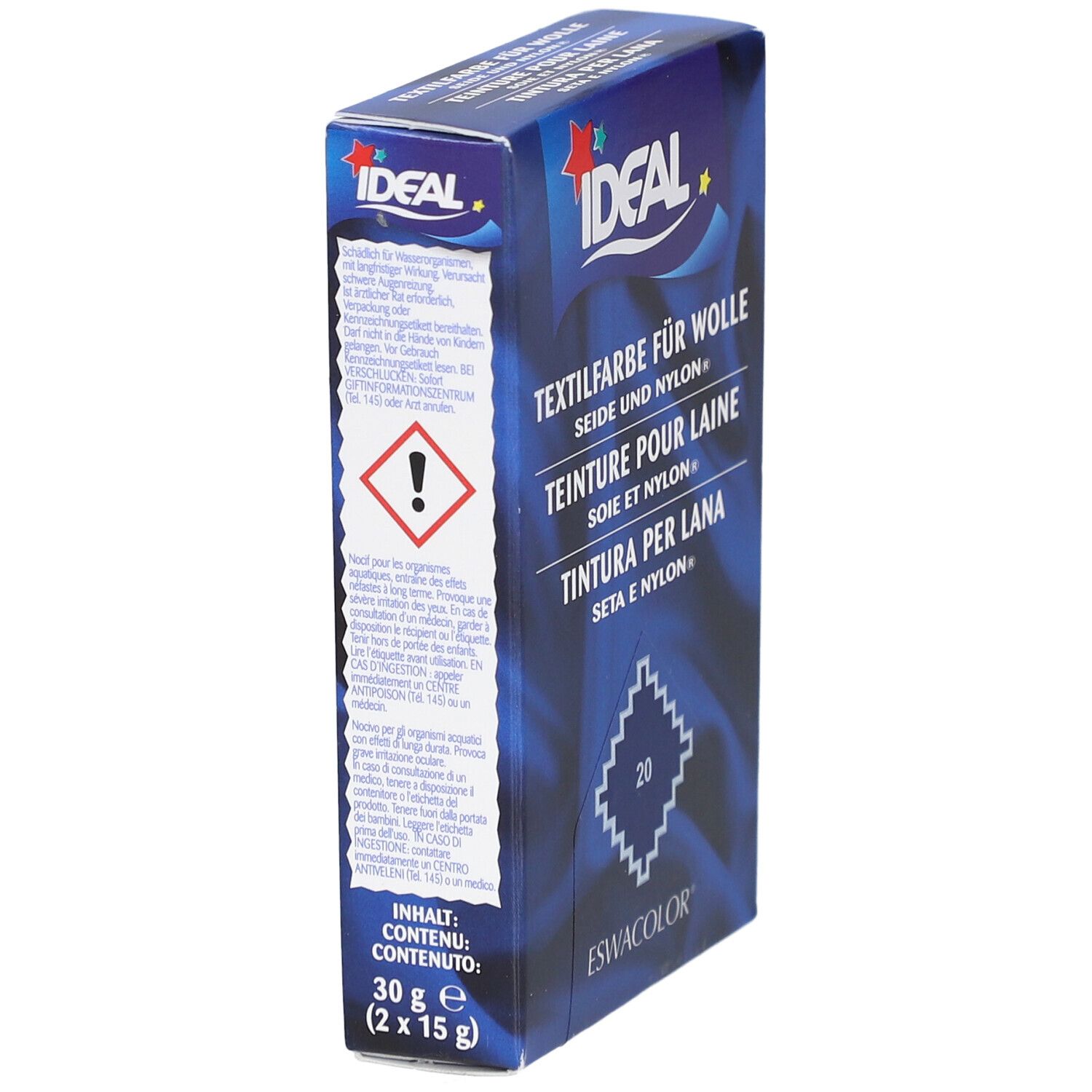 Emballage bleu et blanc. Teinture pour laine, soie et nylon. Marque IDEAL. Avertissement et informations sur le contenu.