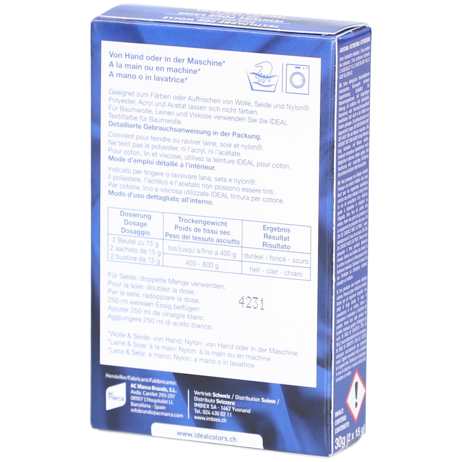 Dos de l'emballage de la teinture IDEAL. Informations d'utilisation et dosage. Gris souris n°22.