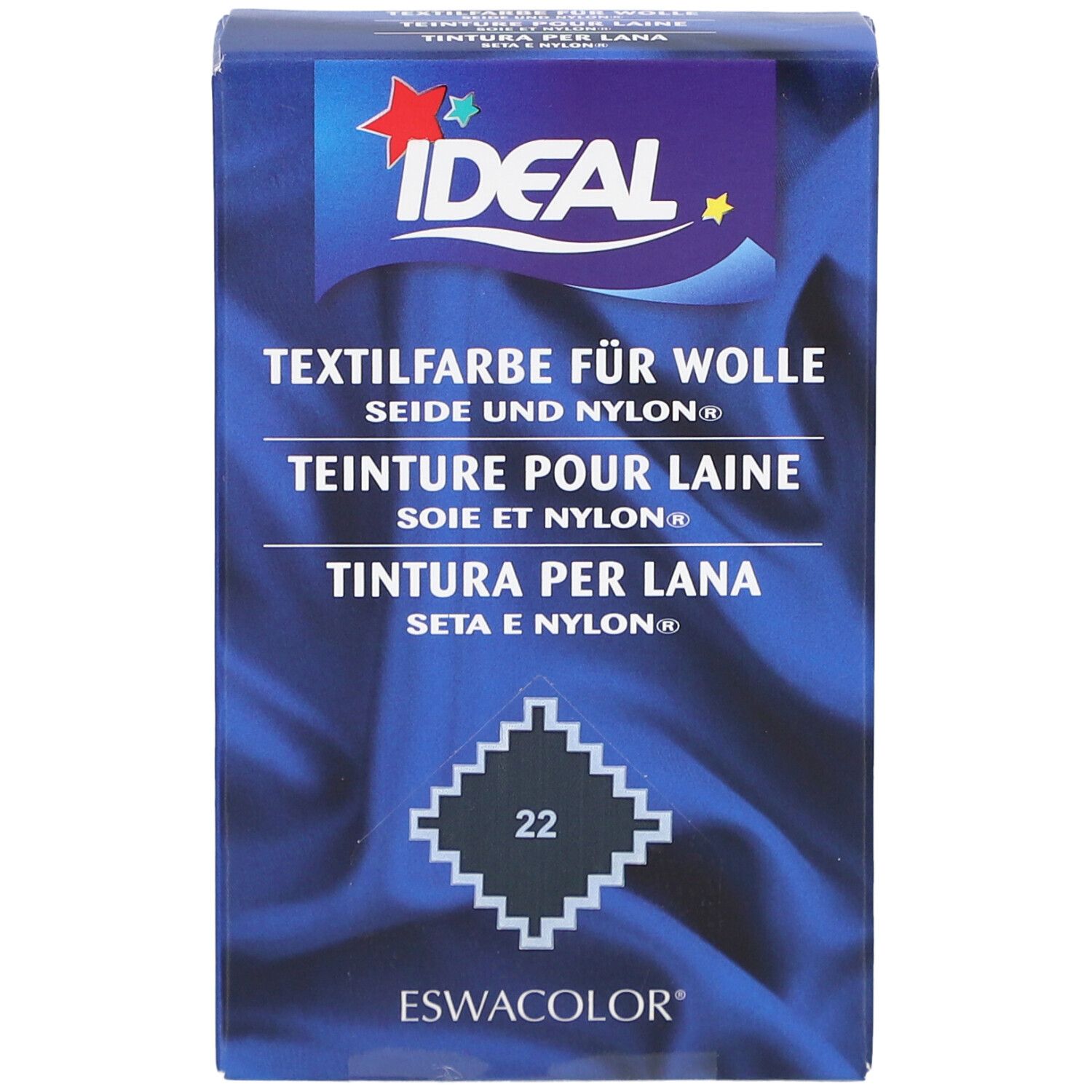 Teinture IDEAL pour laine, soie et nylon, gris souris n°22. Boîte avec logo et désignation du produit.