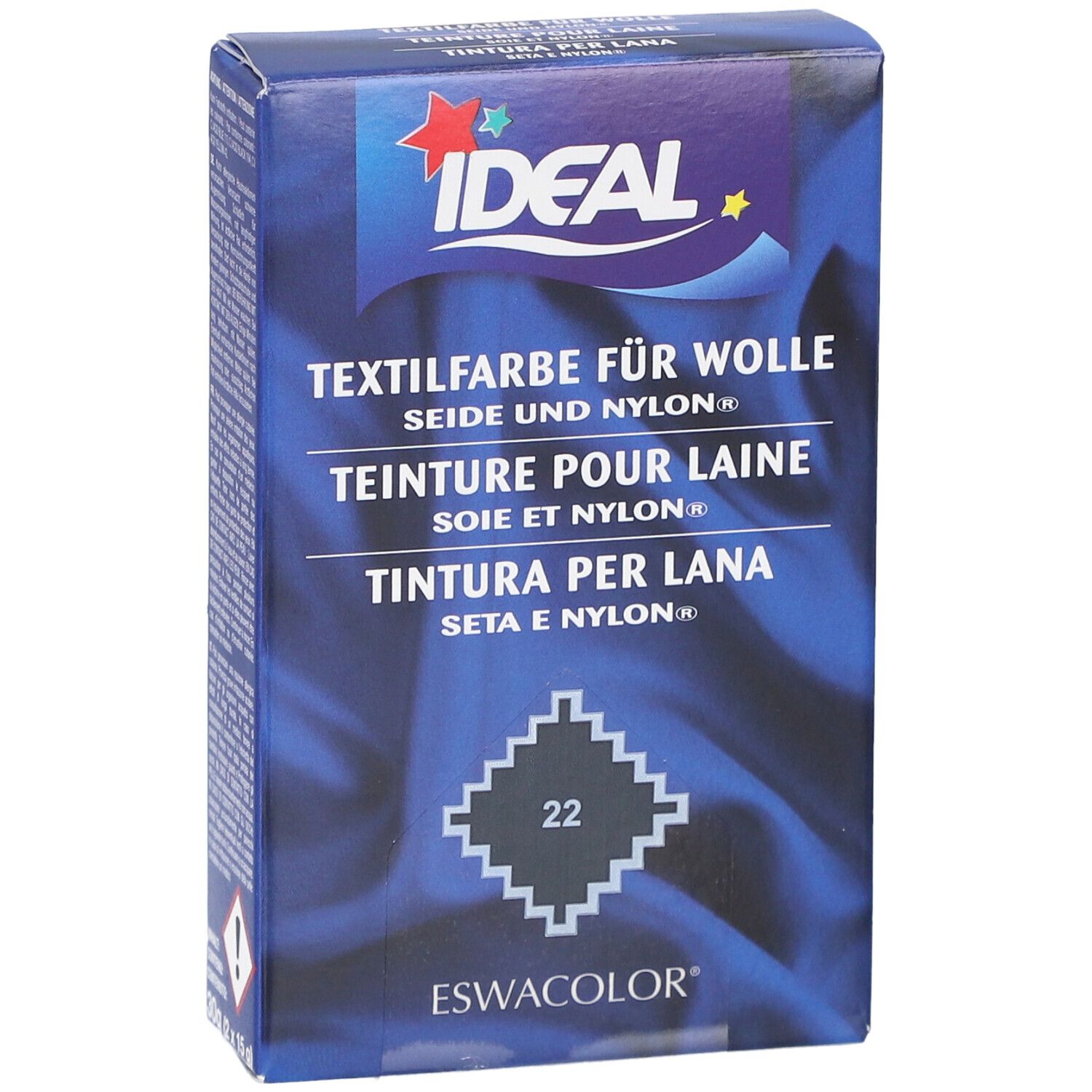 Teinture IDEAL pour laine, soie et nylon, gris souris n°22. Boîte avec logo et désignation du produit.