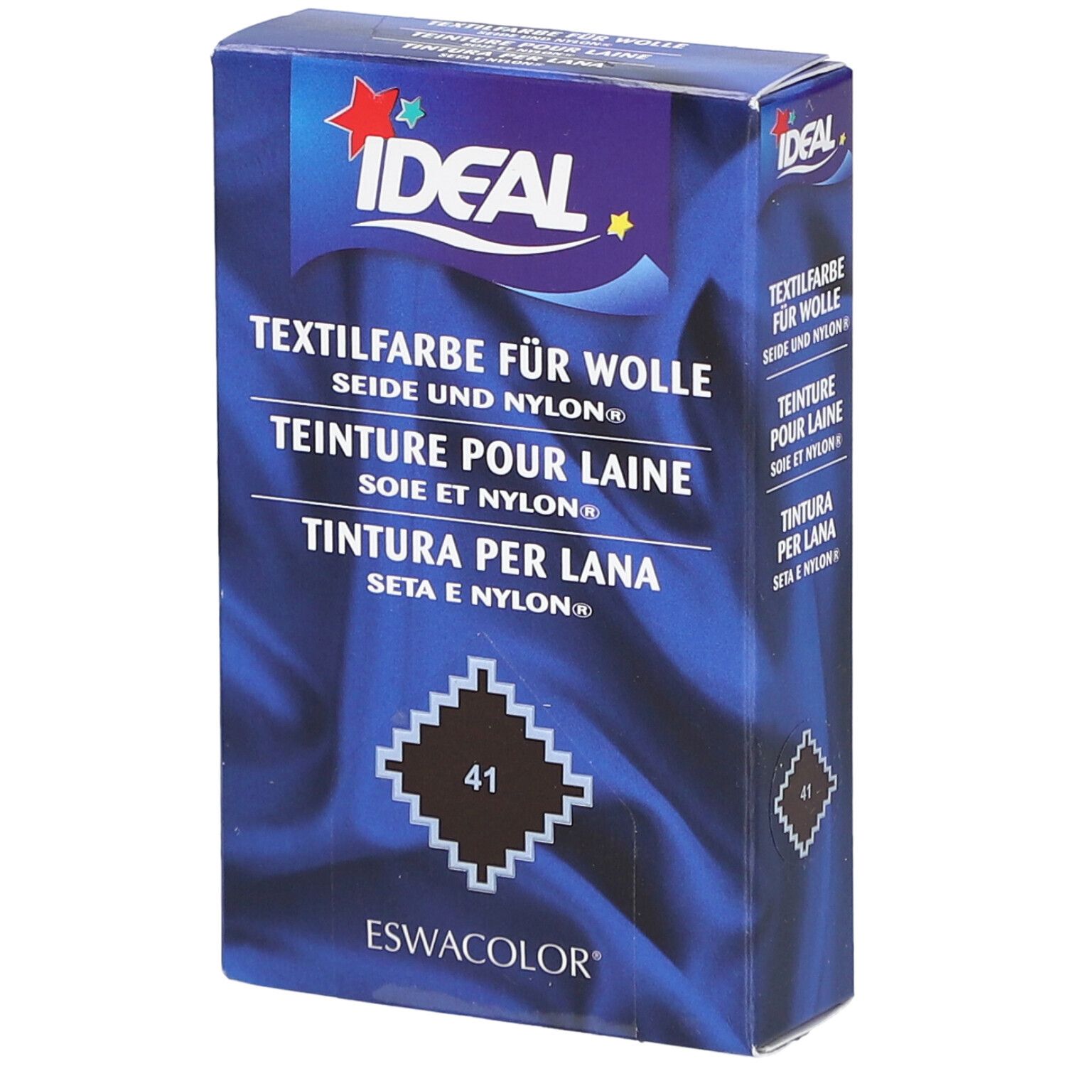 Ideal textielverf voor wol, zijde & nylon. Kleur 41. Verpakking met logo en productnaam. Blauwe doos.