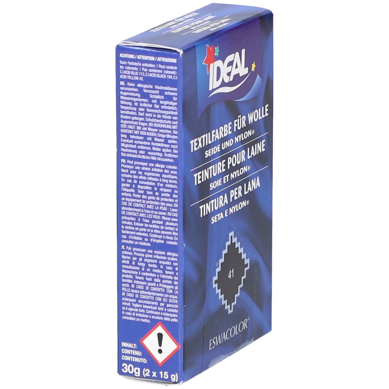 Ideal textielverf. Verpakking met waarschuwingen en inhoud. Bevat 30g (2x15g). Blauwe doos.