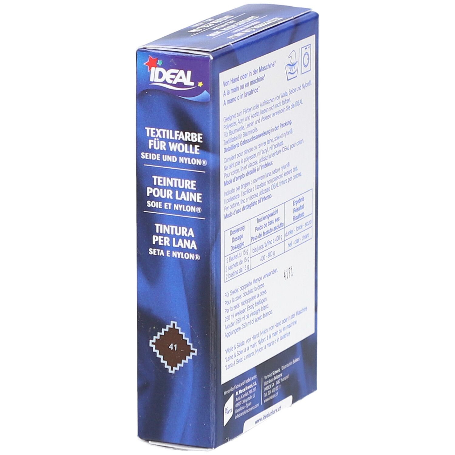 Ideal textielverf voor wol, zijde & nylon. Kleur 41. Verpakking met logo en productnaam. Blauwe doos.