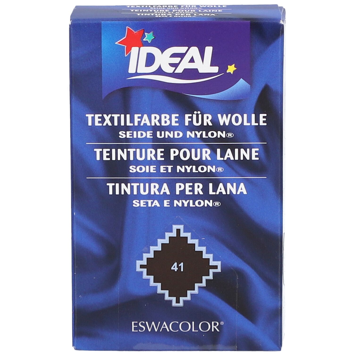 Ideal textielverf voor wol, zijde & nylon. Kleur 41. Verpakking met logo en productnaam. Blauwe doos.