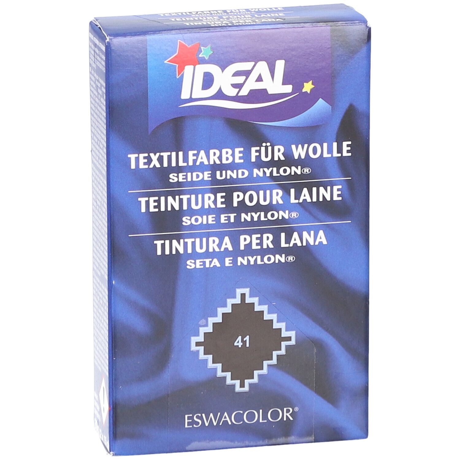 Ideal textielverf voor wol, zijde & nylon. Kleur 41. Verpakking met logo en productnaam. Blauwe doos.