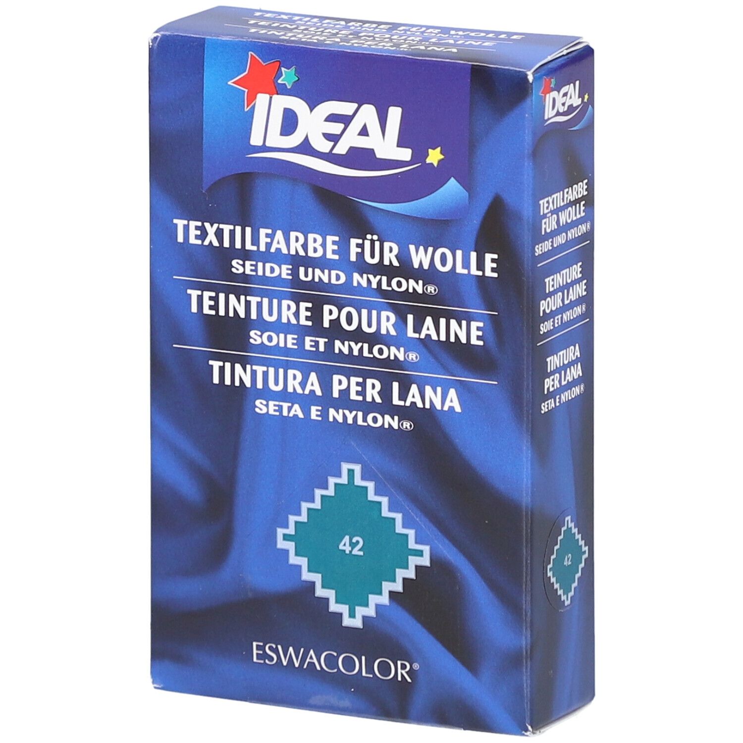 Boîte de teinture Ideal pour laine, soie et nylon. Numéro de couleur 42. Logo Ideal. Eswacolor.
