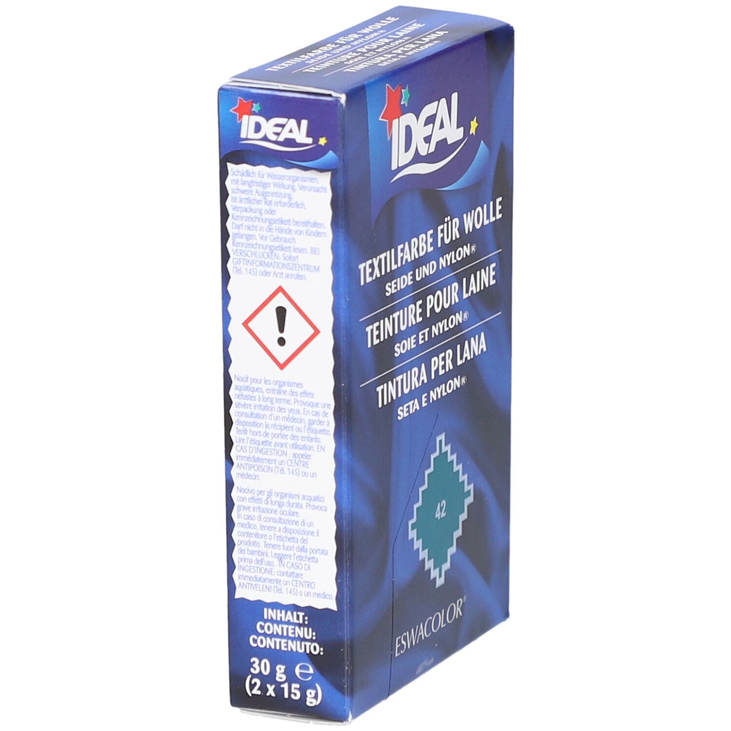 Boîte de teinture Ideal. Texte: Teinture pour laine, soie et nylon. Symbole d'avertissement. Contenu: 30g (2 x 15g).