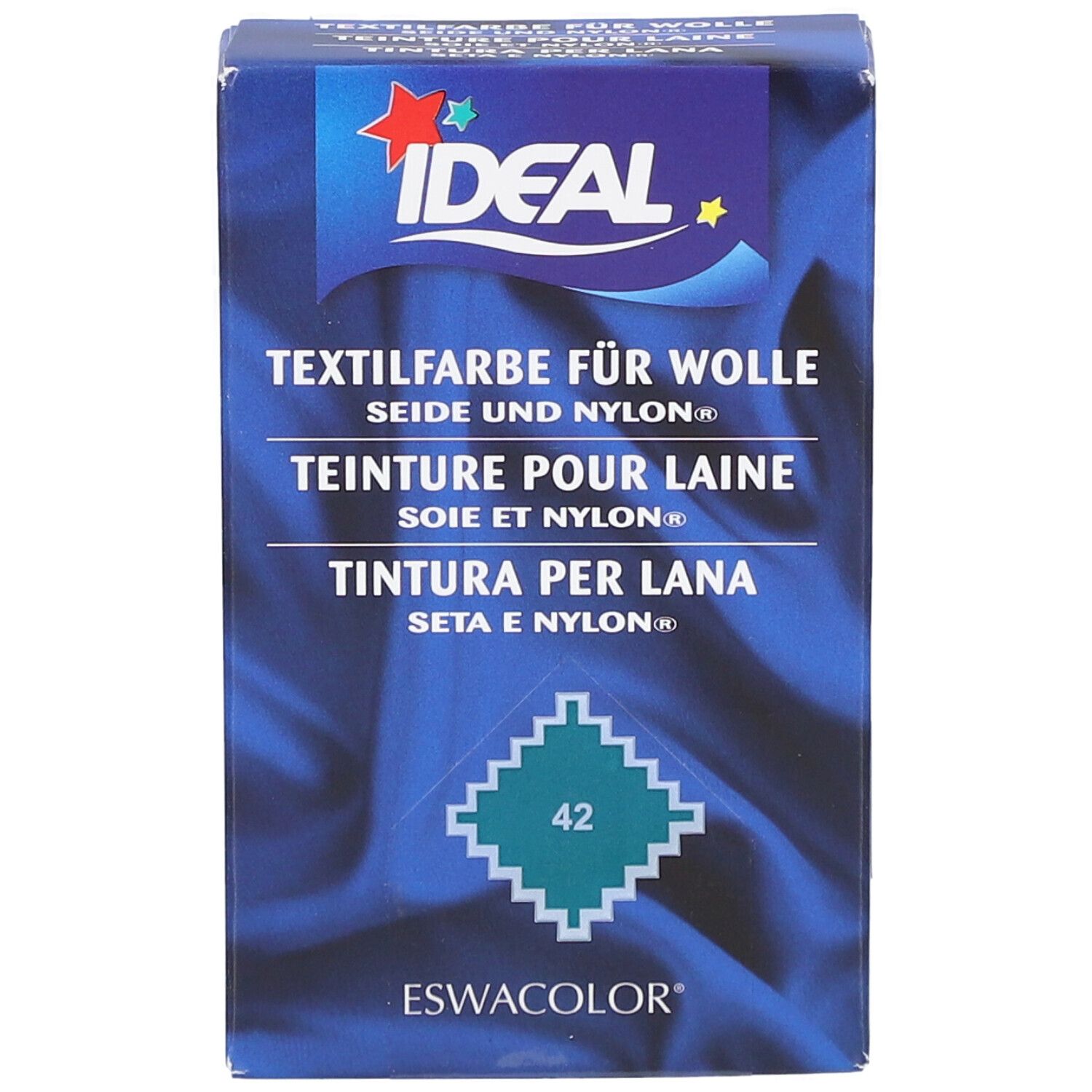 Boîte de teinture Ideal. Texte: Teinture pour laine, soie et nylon. Numéro de couleur 42. Logo Ideal. Eswacolor.
