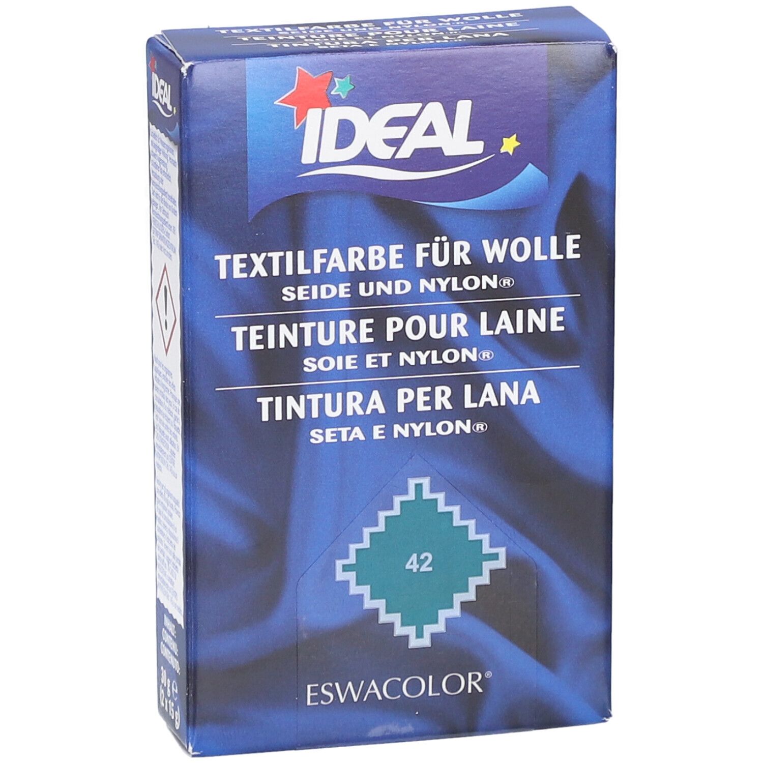 Boîte de teinture Ideal. Texte: Teinture pour laine, soie et nylon. Numéro de couleur 42. Logo Ideal.
