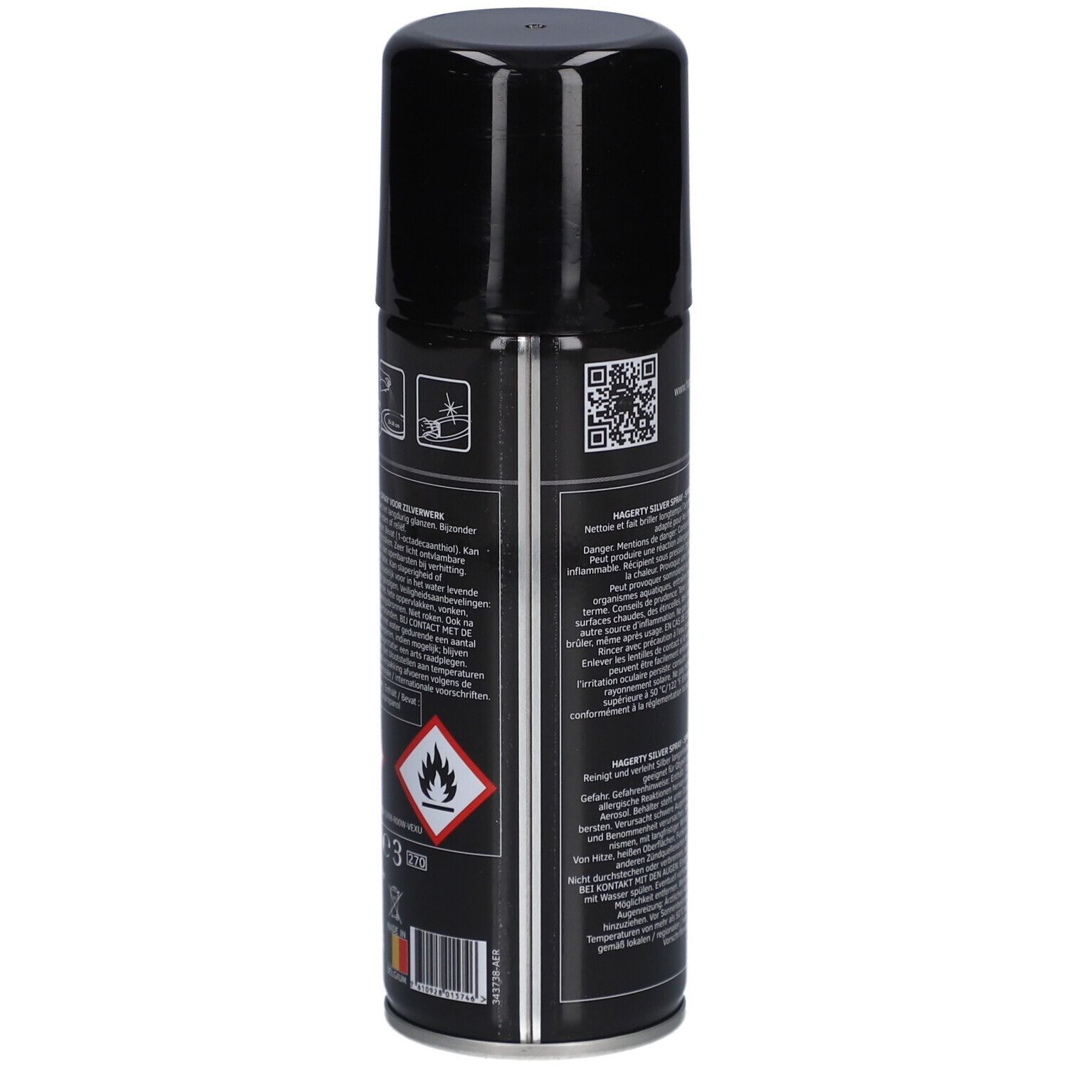 Achterkant van de zwarte spuitbus. Pictogrammen, waarschuwingen en QR-code.