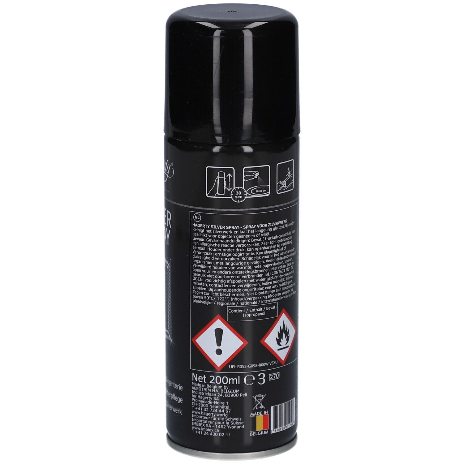 Achterkant van de zwarte spuitbus. Tekst, waarschuwingen, volume-aanduiding 200ml.