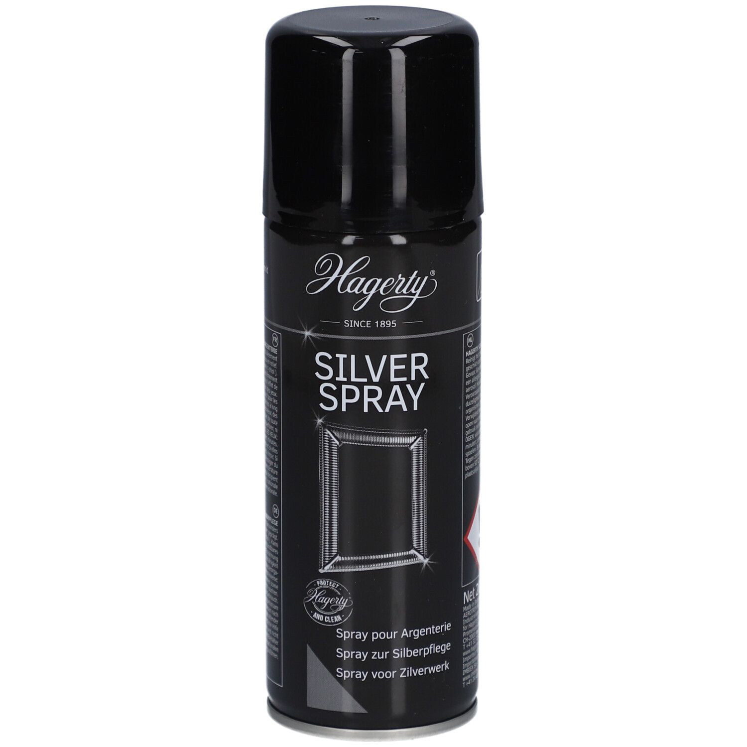 Zwarte spuitbus met zwarte dop. Opschrift "SILVER SPRAY" en logo. Product voor zilververzorging.