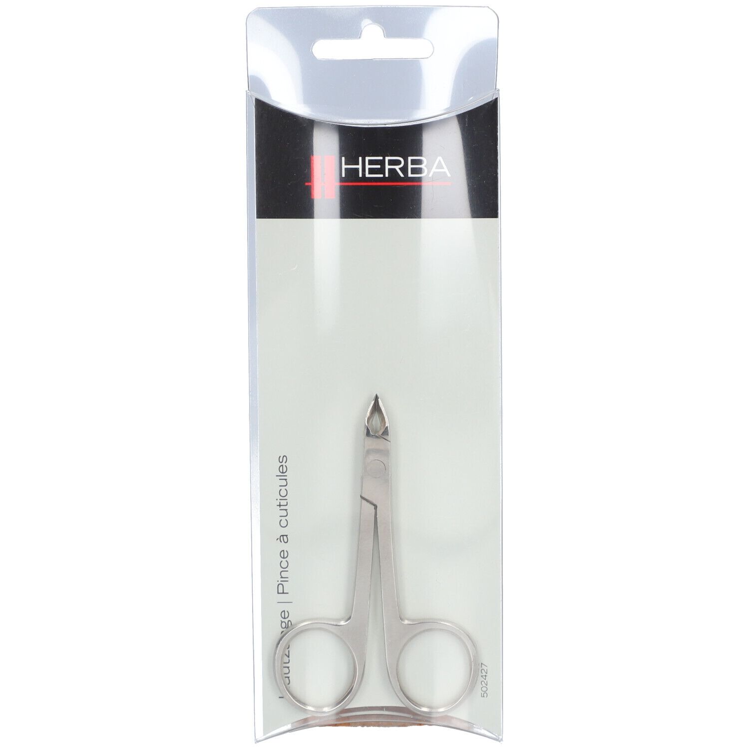 HERBA nagelriemschaar in verpakking. Zilveren schaar met gebogen bladen. Transparante plastic verpakking.