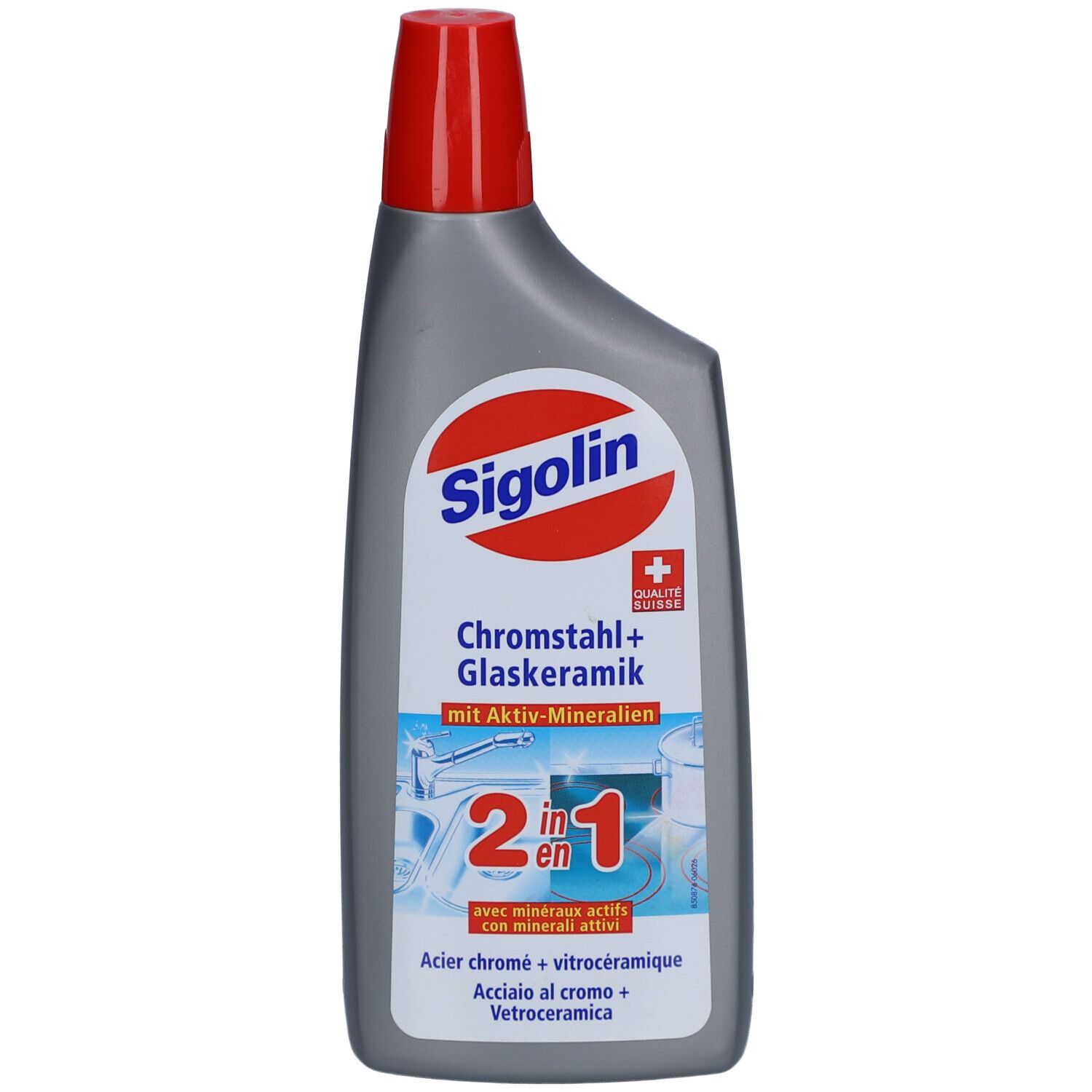 Grijze fles met rode dop. Opschrift: SIGOLIN, Chromstahl + Glaskeramik 2in1. Met Zwitsers kwaliteitslabel.